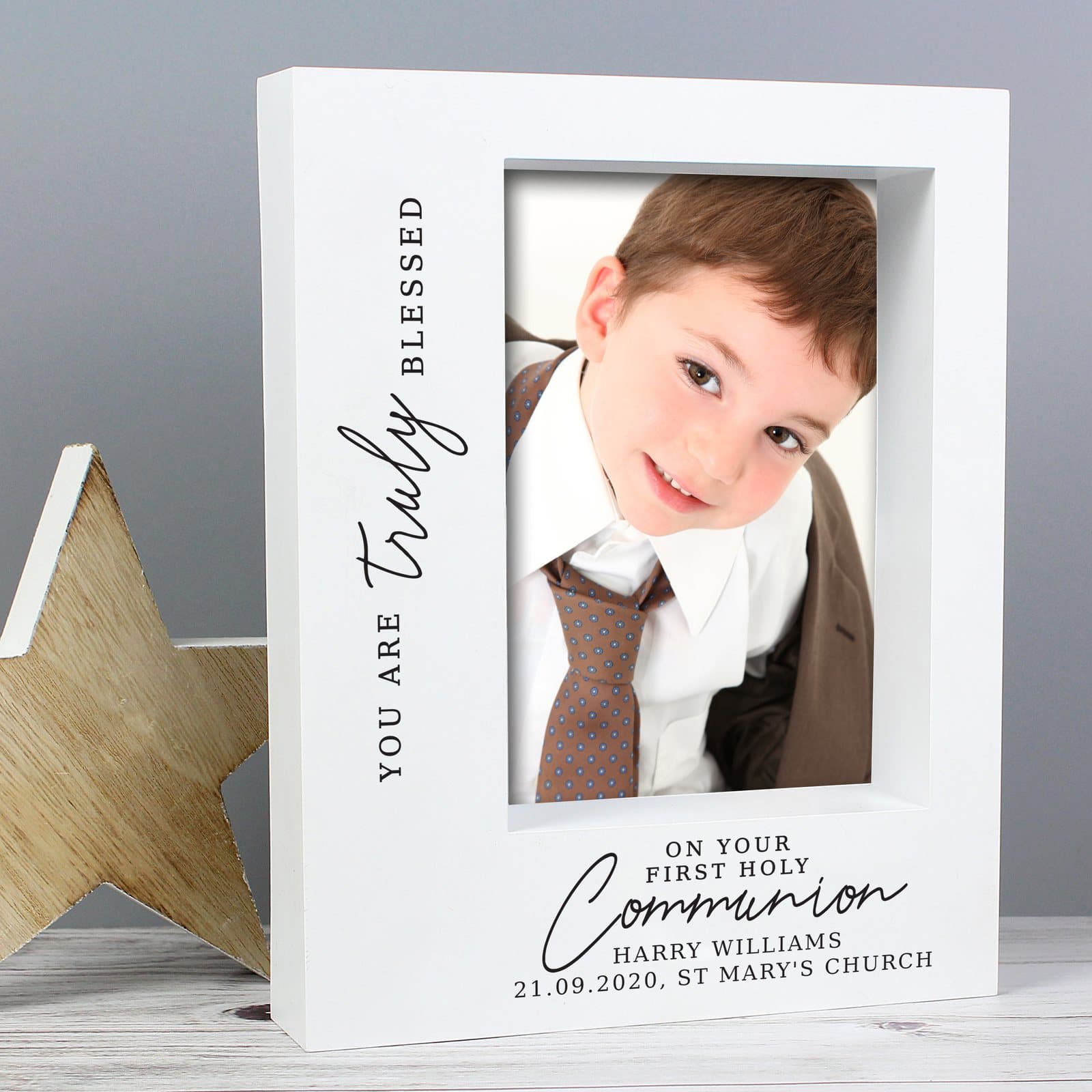 Truly Blessed First Holy Communion 5x7 box photo frame with a personalised message
