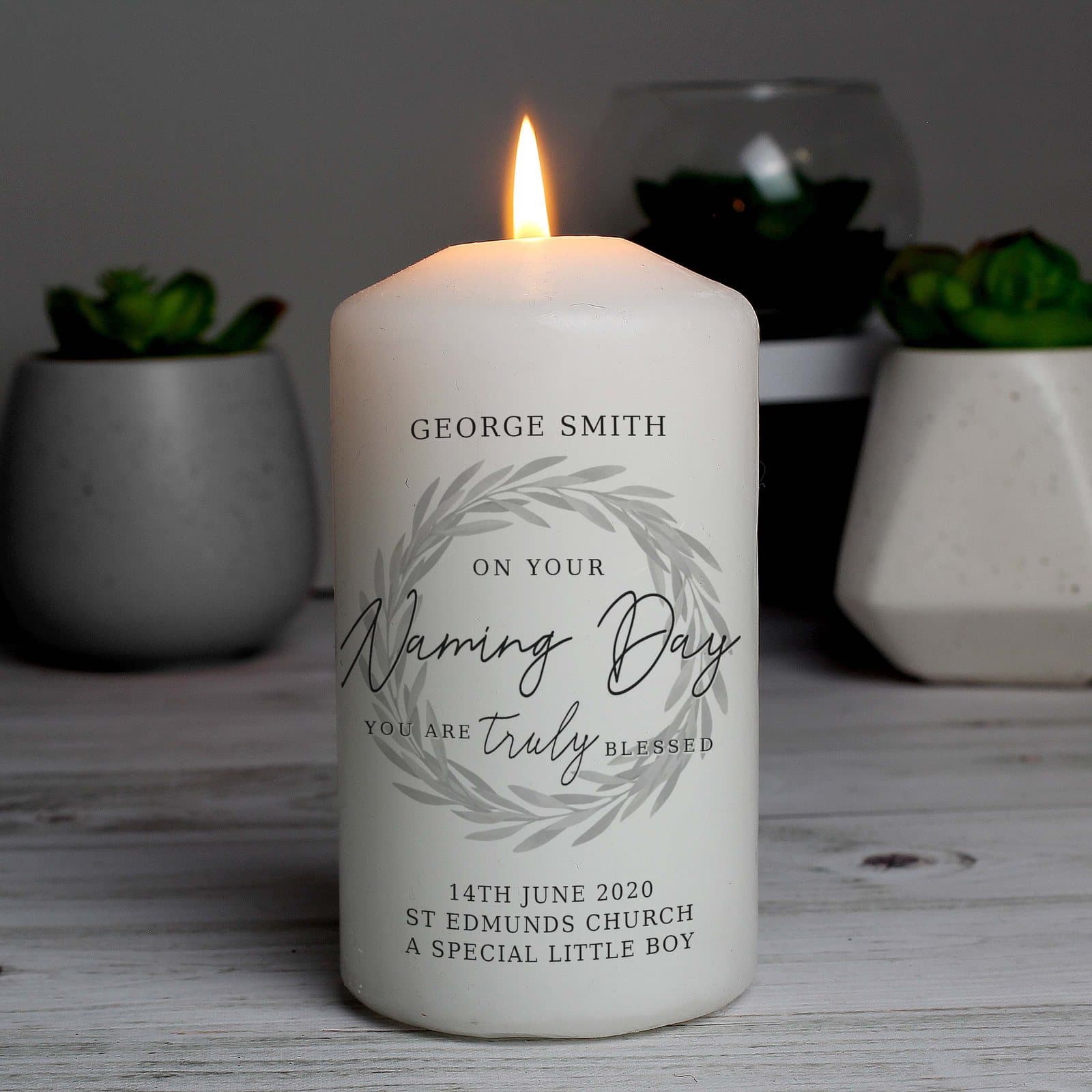 Personalised Naming Day pillar candle in an organza bag