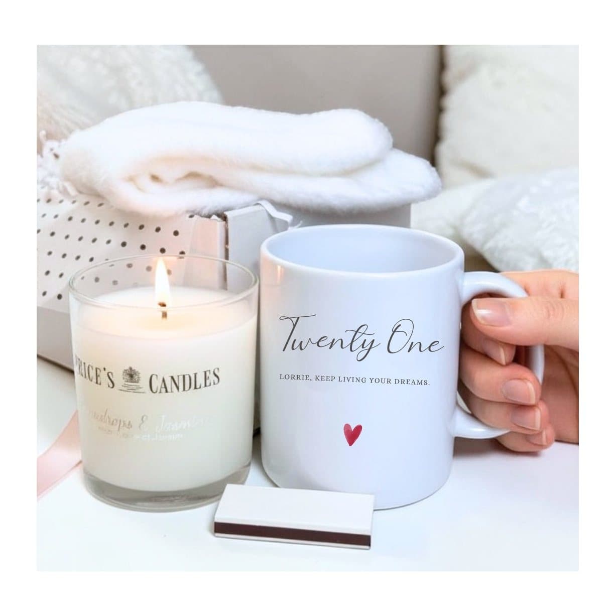 Personalised 21st birthday mug with a scented candle, fluffy socks and matches