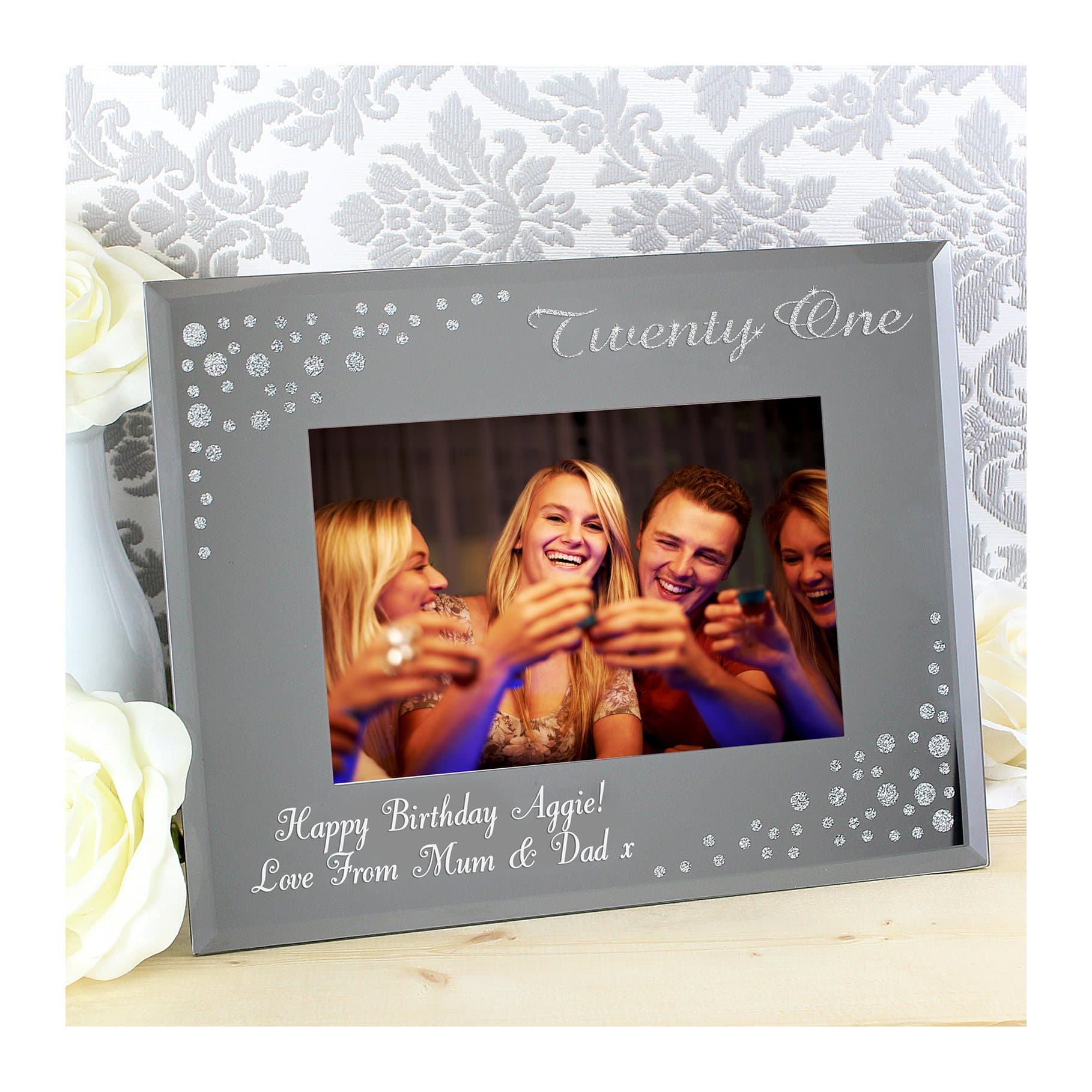 Diamante effect mirrored glass landscape photo frame, personalised for a 21st birthday