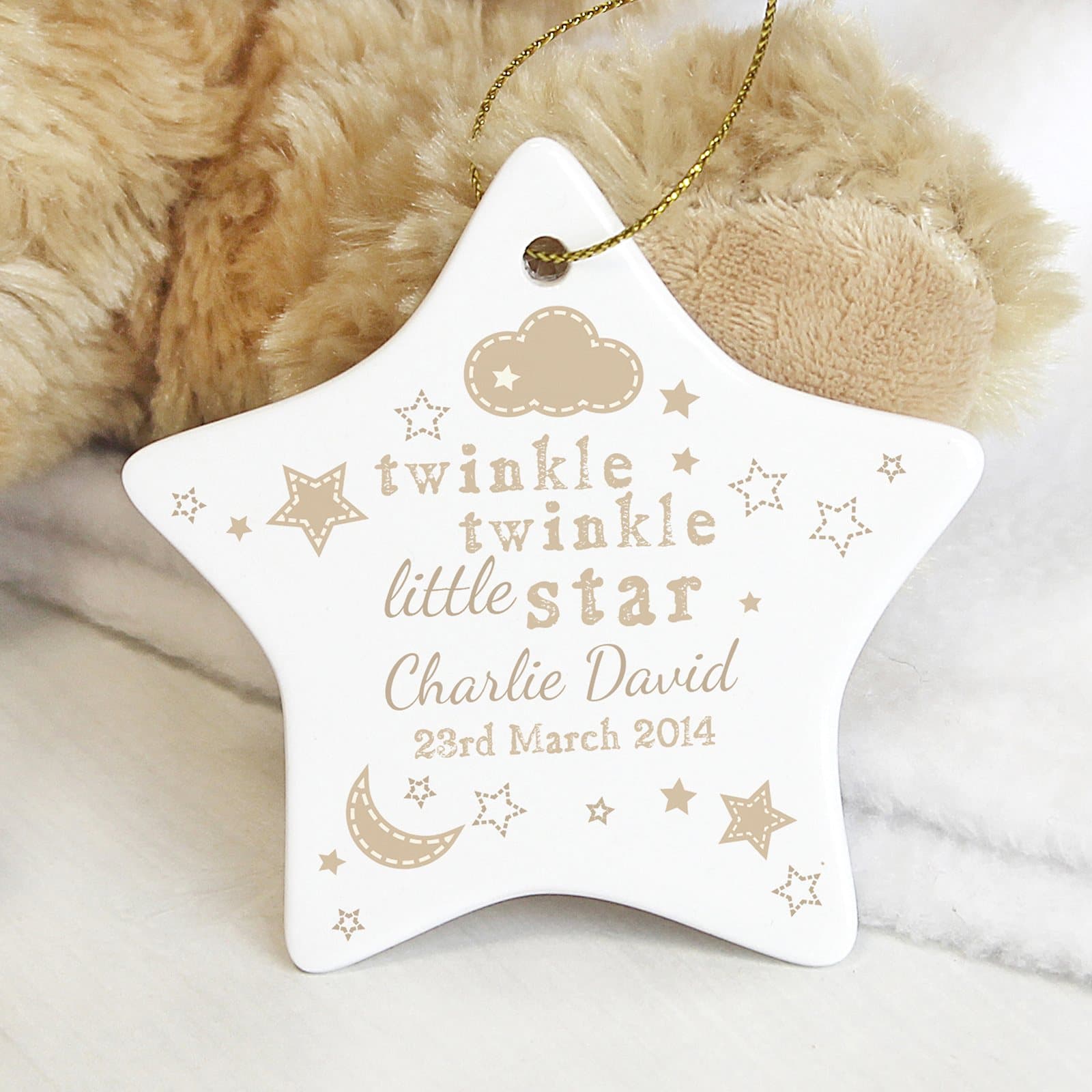 Ceramic star decoration with Twinkle twinkle little star text, name and date