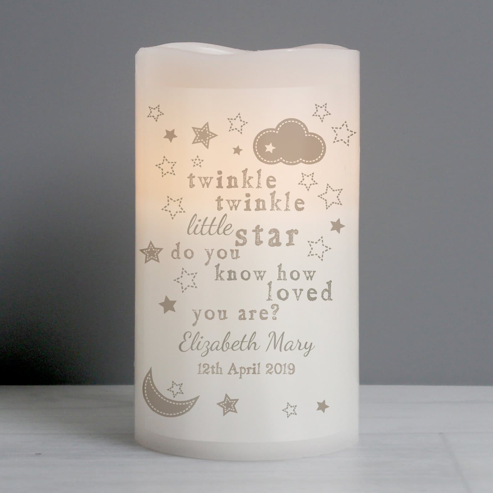Personalised Twinkle Twinkle LED candle with a flame effect