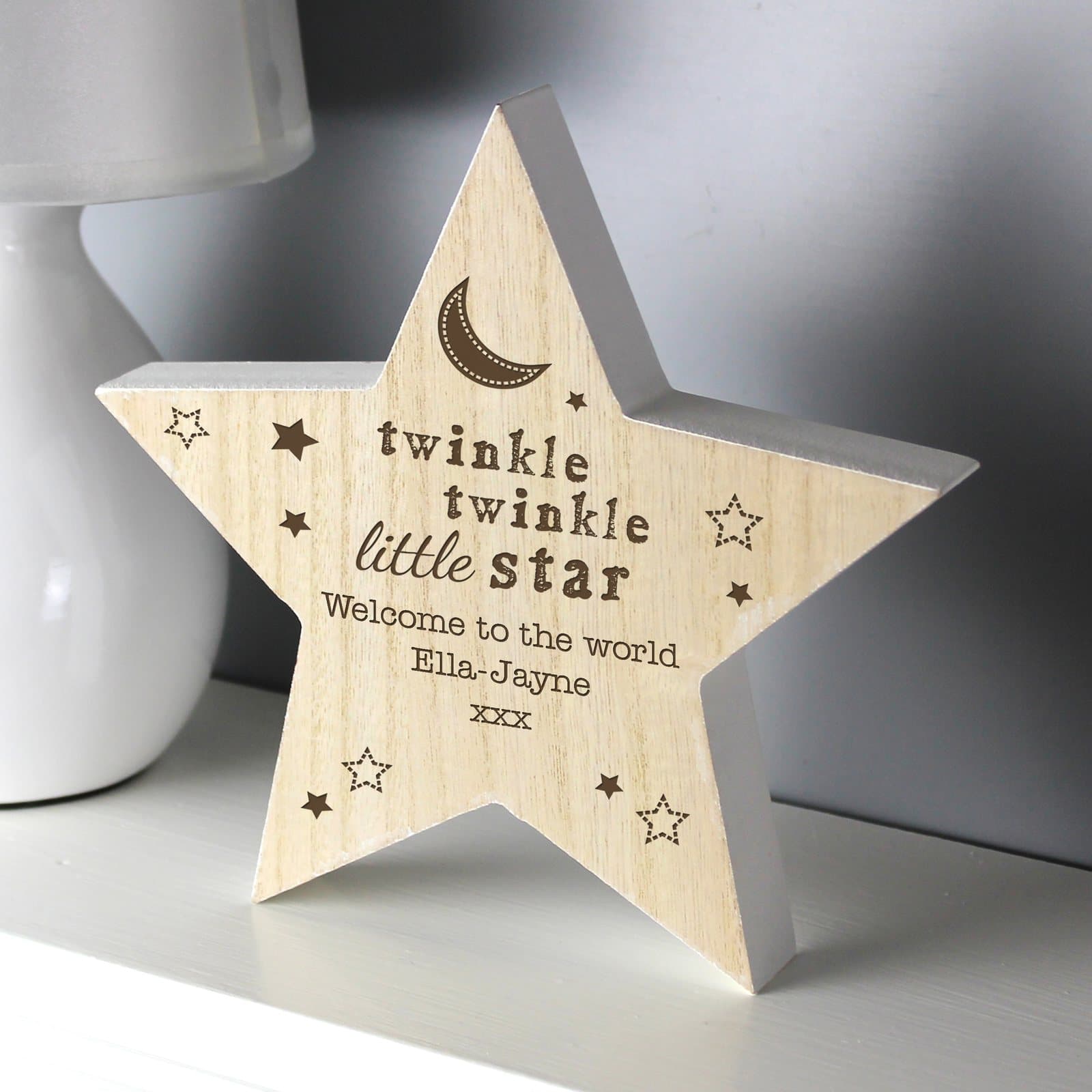 Rustic wooden star decoration with twinkle twinkle little star text