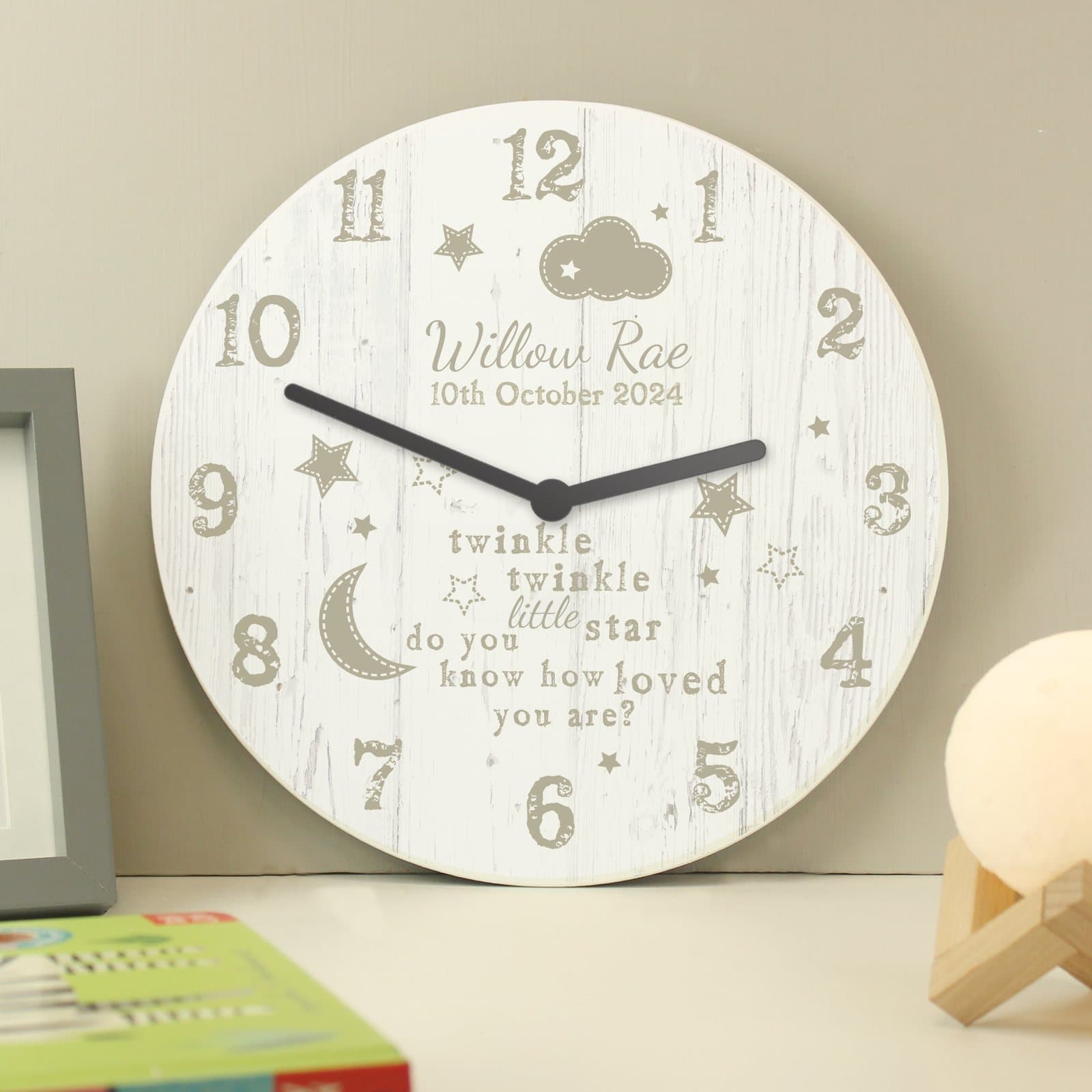 Twinkle Twinkle shabby chic wooden clock with a rustic wood effect finish