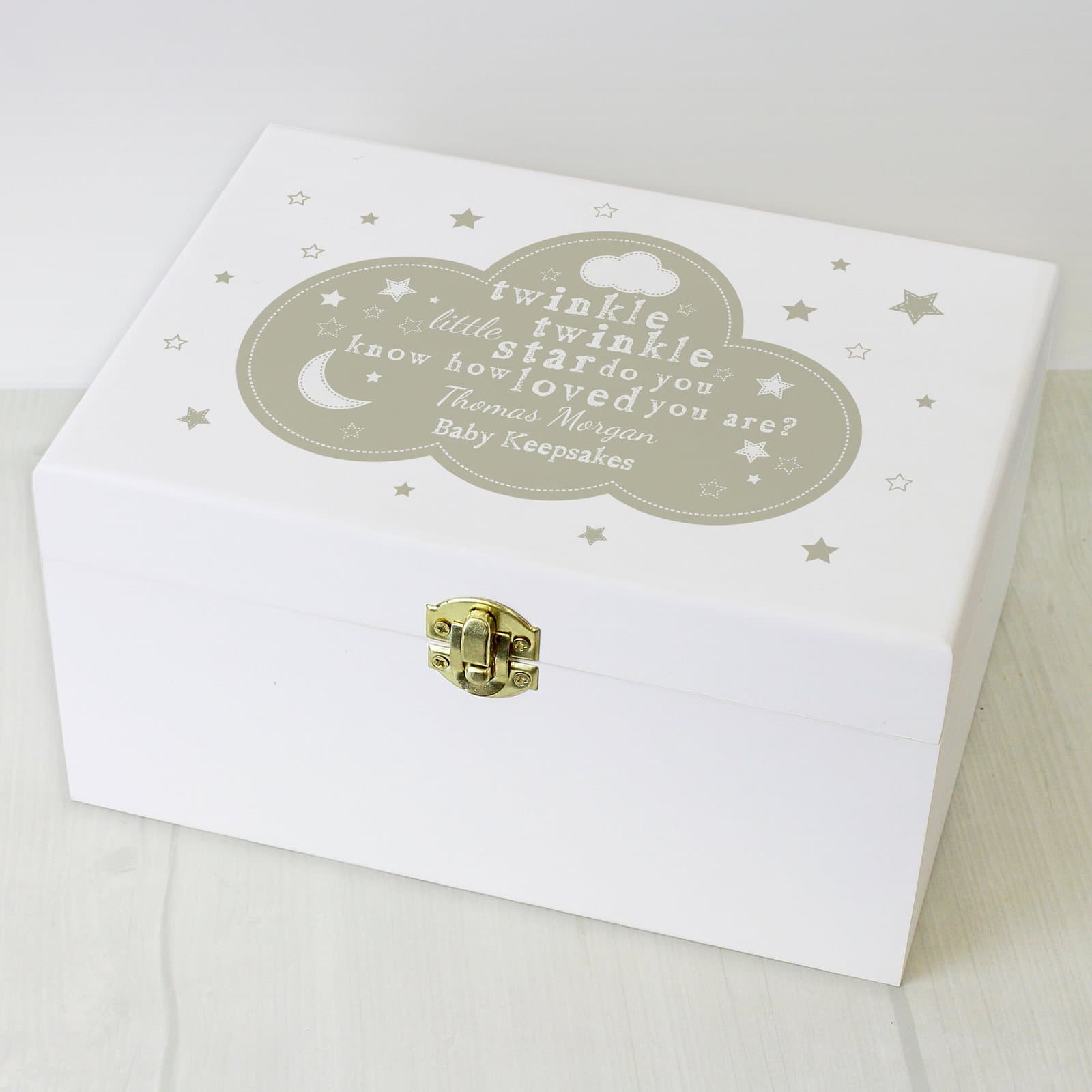 White wooden keepsake box with twinkle twinkle design and metal clasp