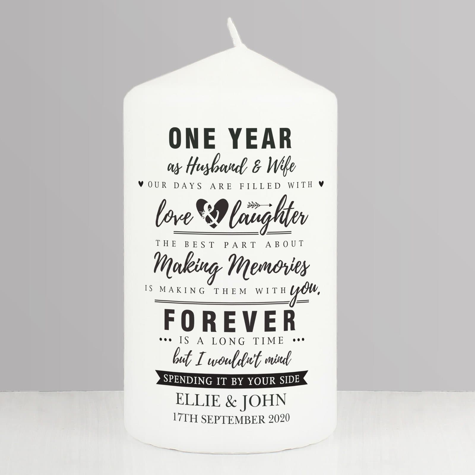 Personalised anniversary pillar candle with typography text