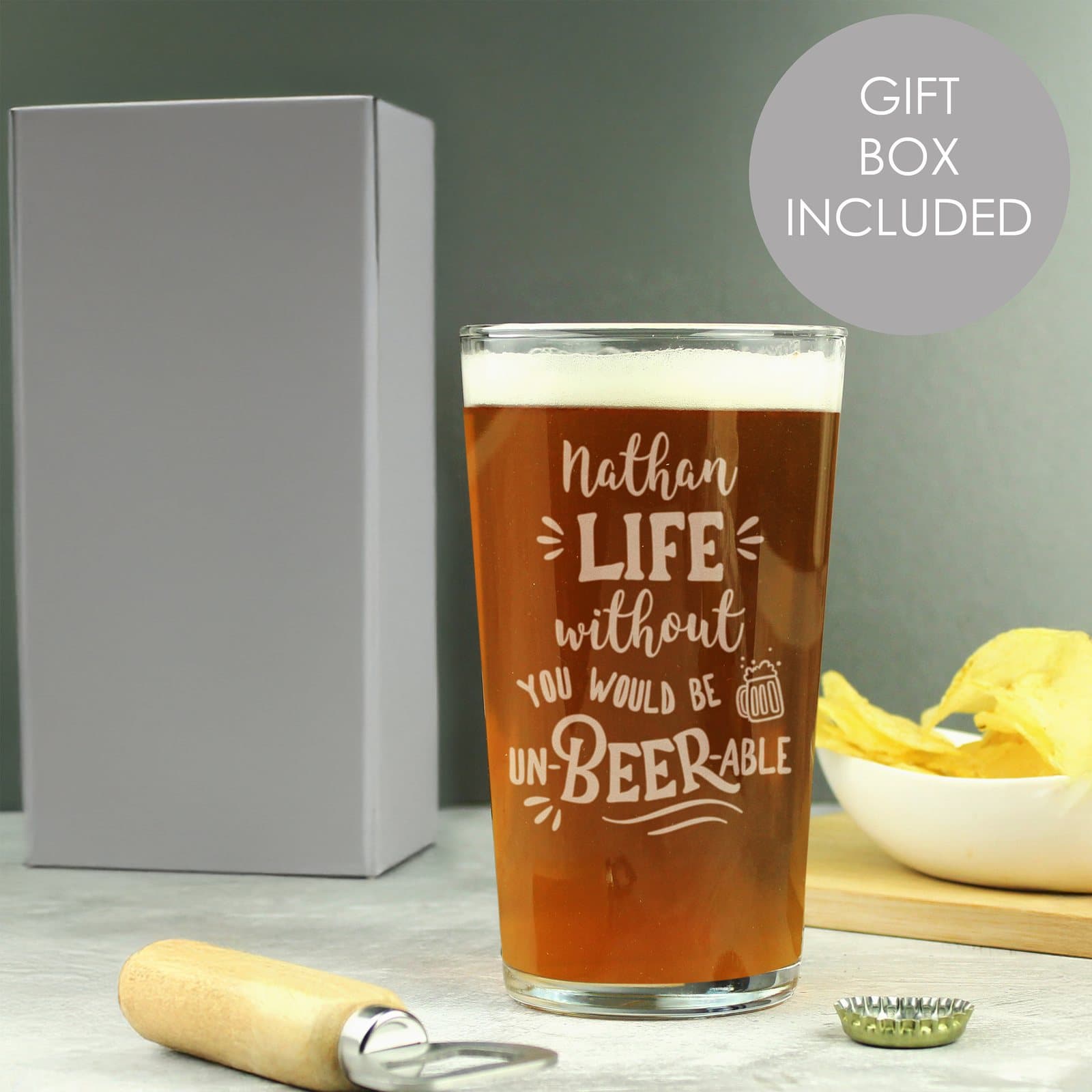 Personalised Un-beer-able pint glass with a name above the pun