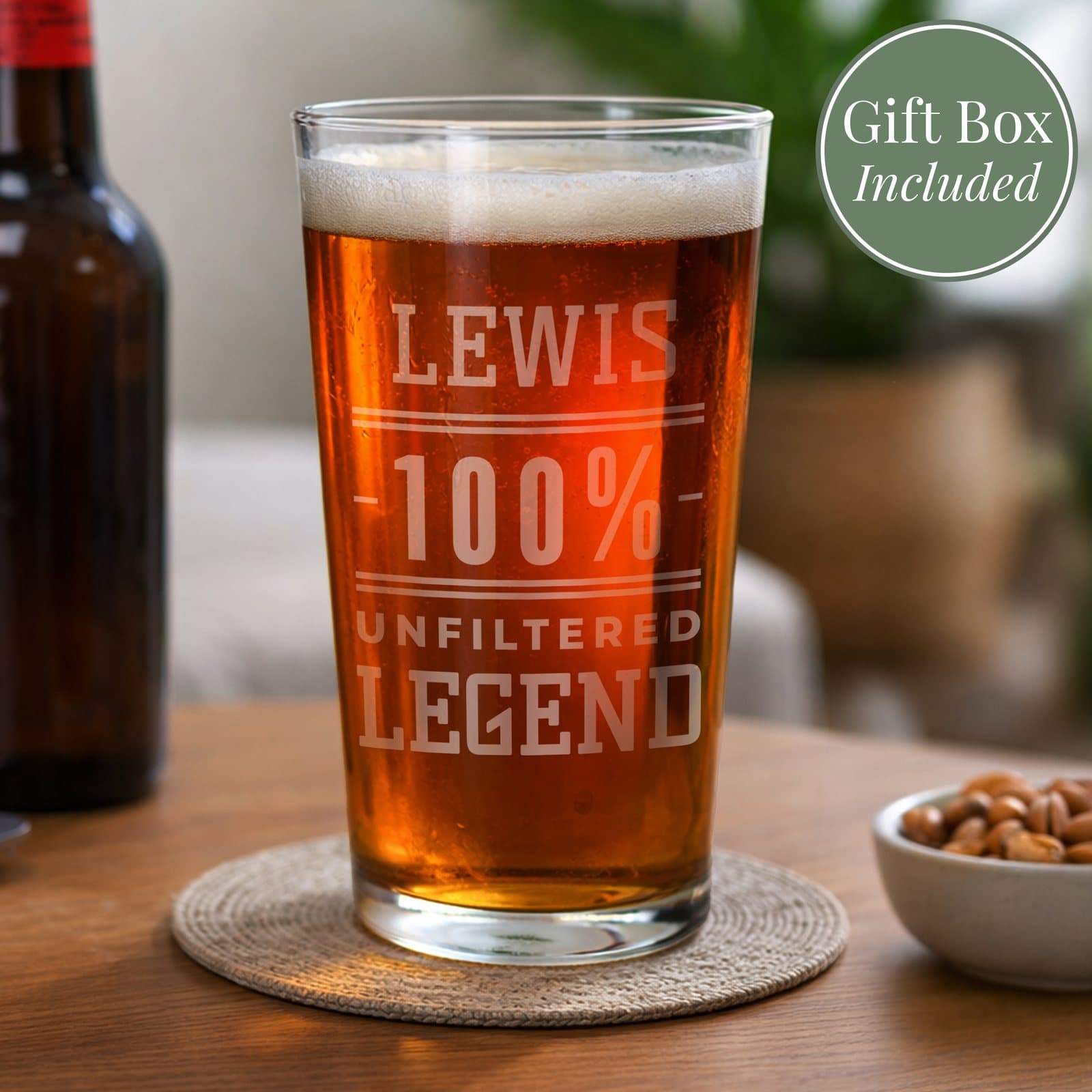 Personalised Unfiltered Legend pint glass with a name and fixed text