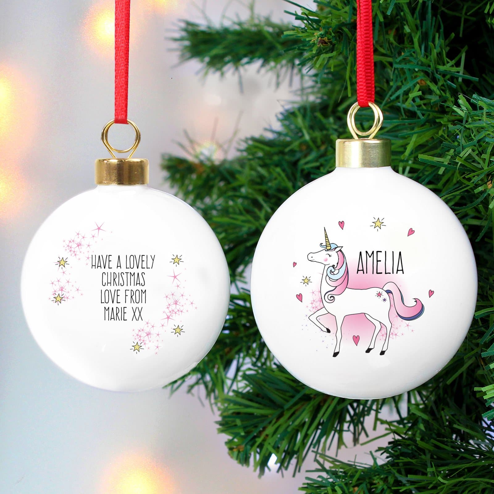 Unicorn Christmas bauble with a ribbon for hanging on the tree