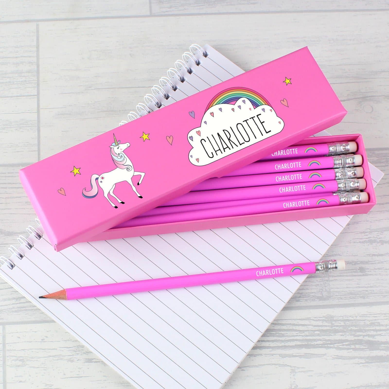 Box of 12 pink HB pencils with a unicorn box and a name