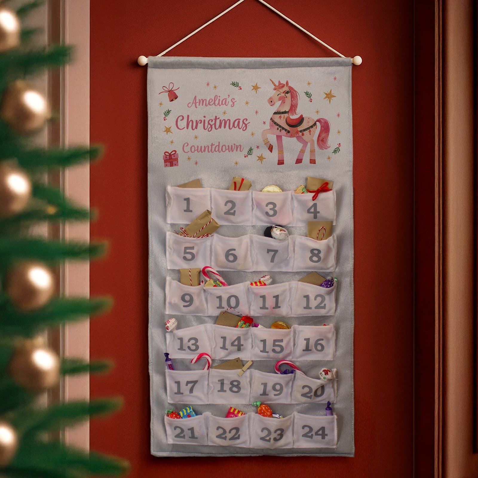 Unicorn Christmas advent calendar with 24 pockets and Christmas Countdown text