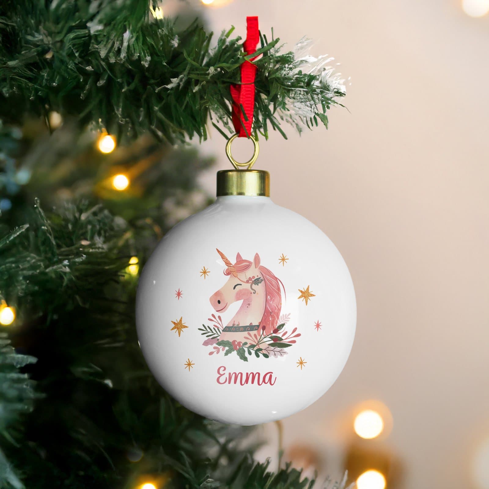 Unicorn Christmas bauble with ribbon