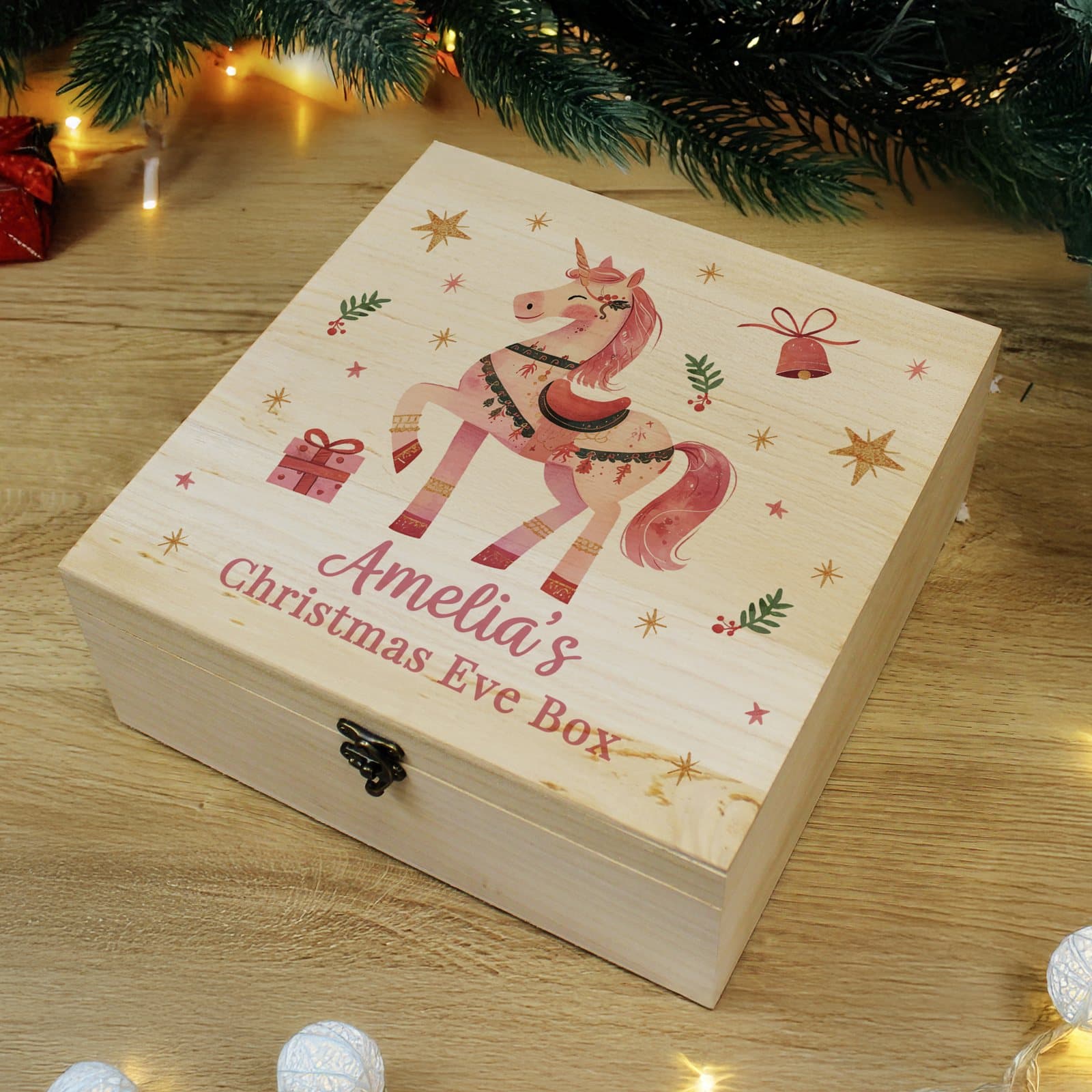Pink wooden unicorn Christmas Eve box with personalised text and metal clasp