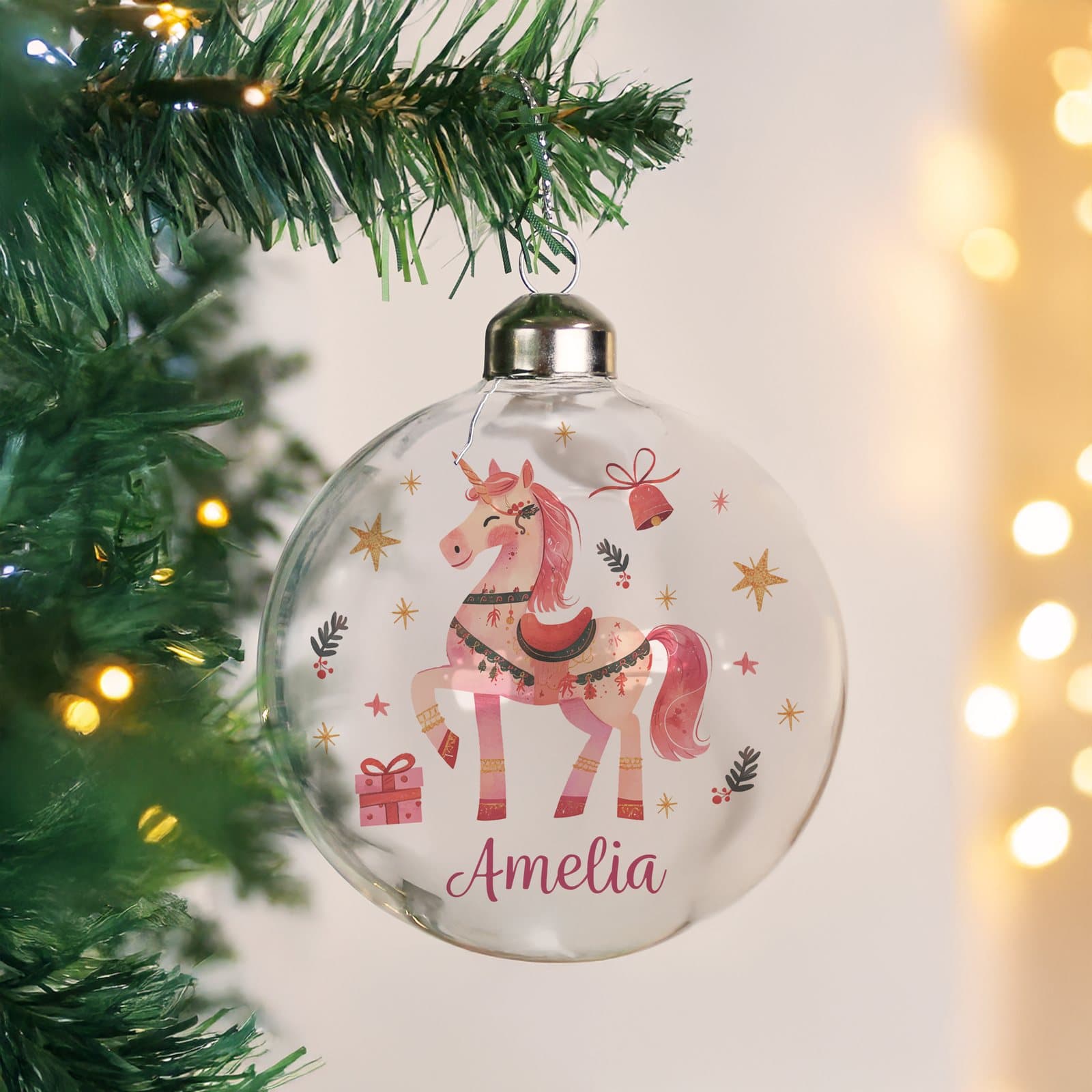 Pink unicorn glass Christmas bauble with satin ribbon