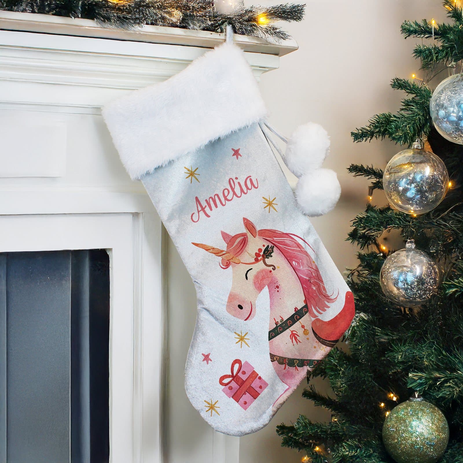Pink velvet unicorn Christmas stocking with white plush cuff