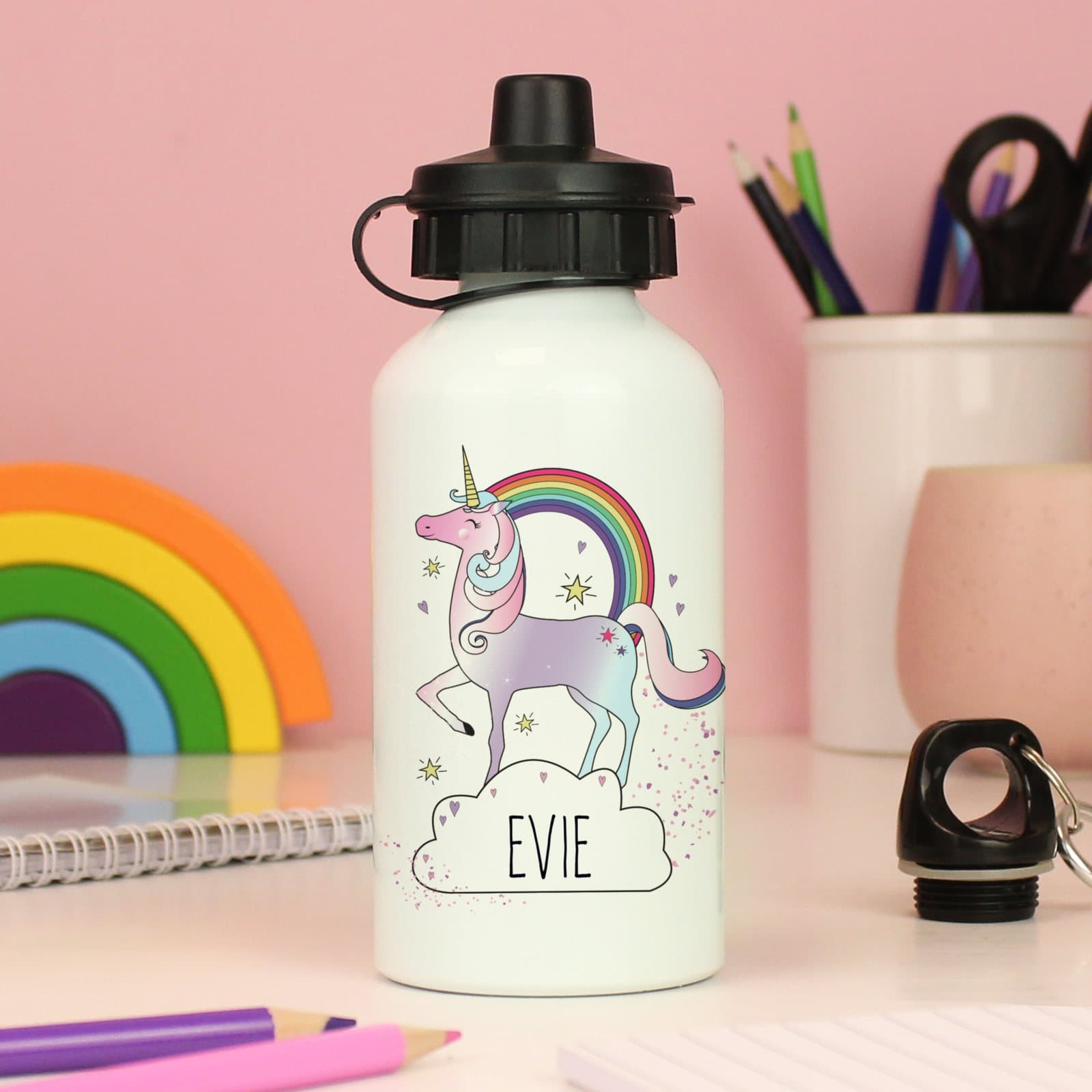 Personalised unicorn drinks bottle in aluminium and plastic