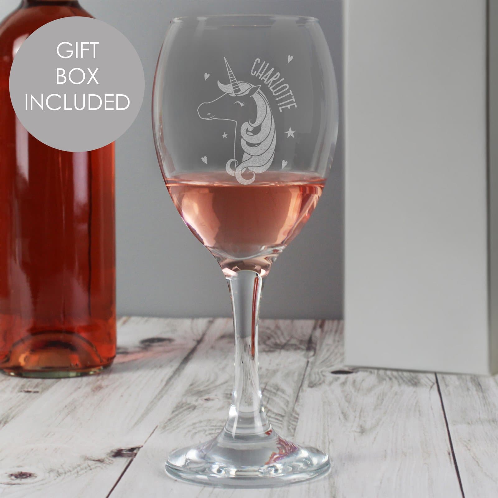 Personalised unicorn engraved wine glass with a name