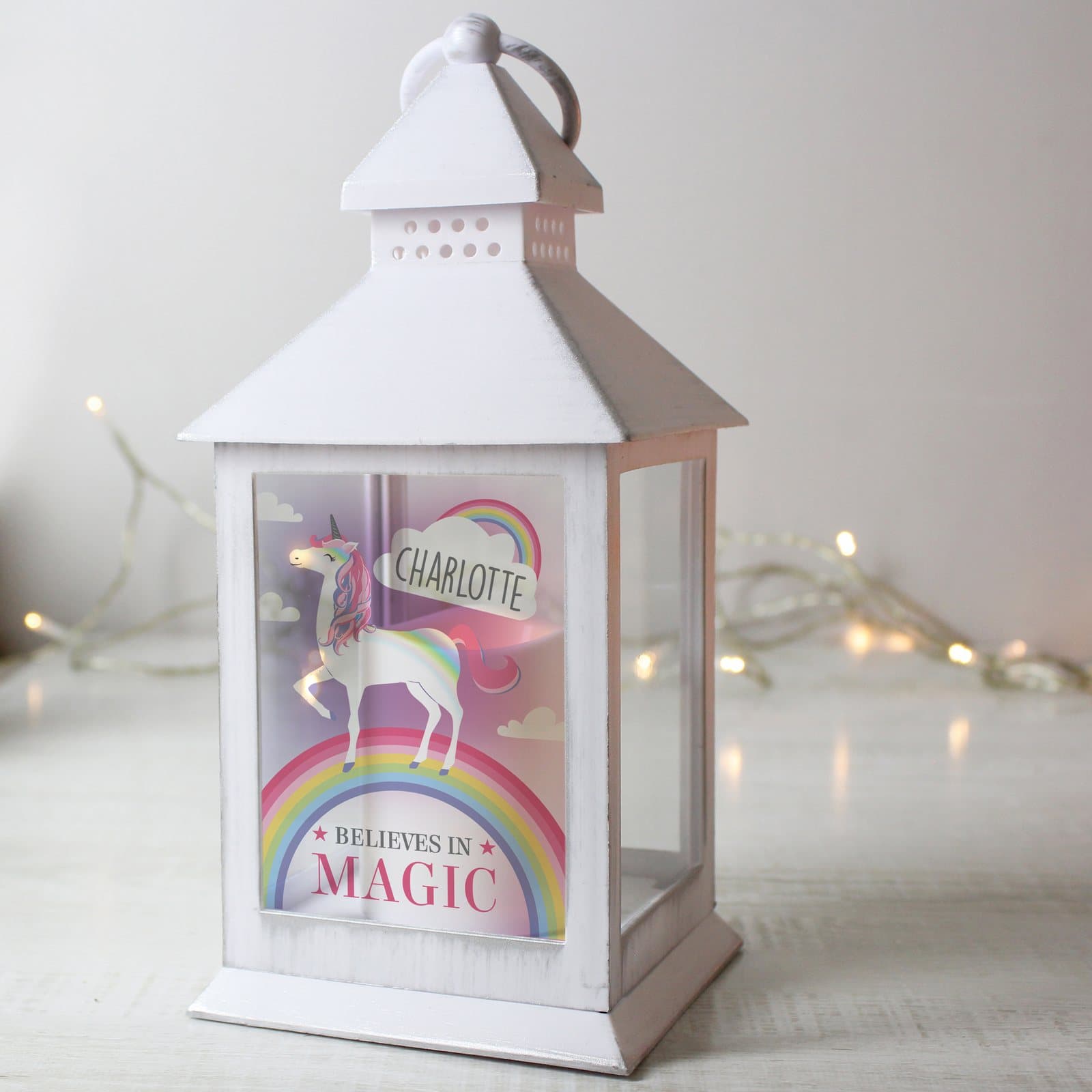 Frost white unicorn lantern personalised with a name