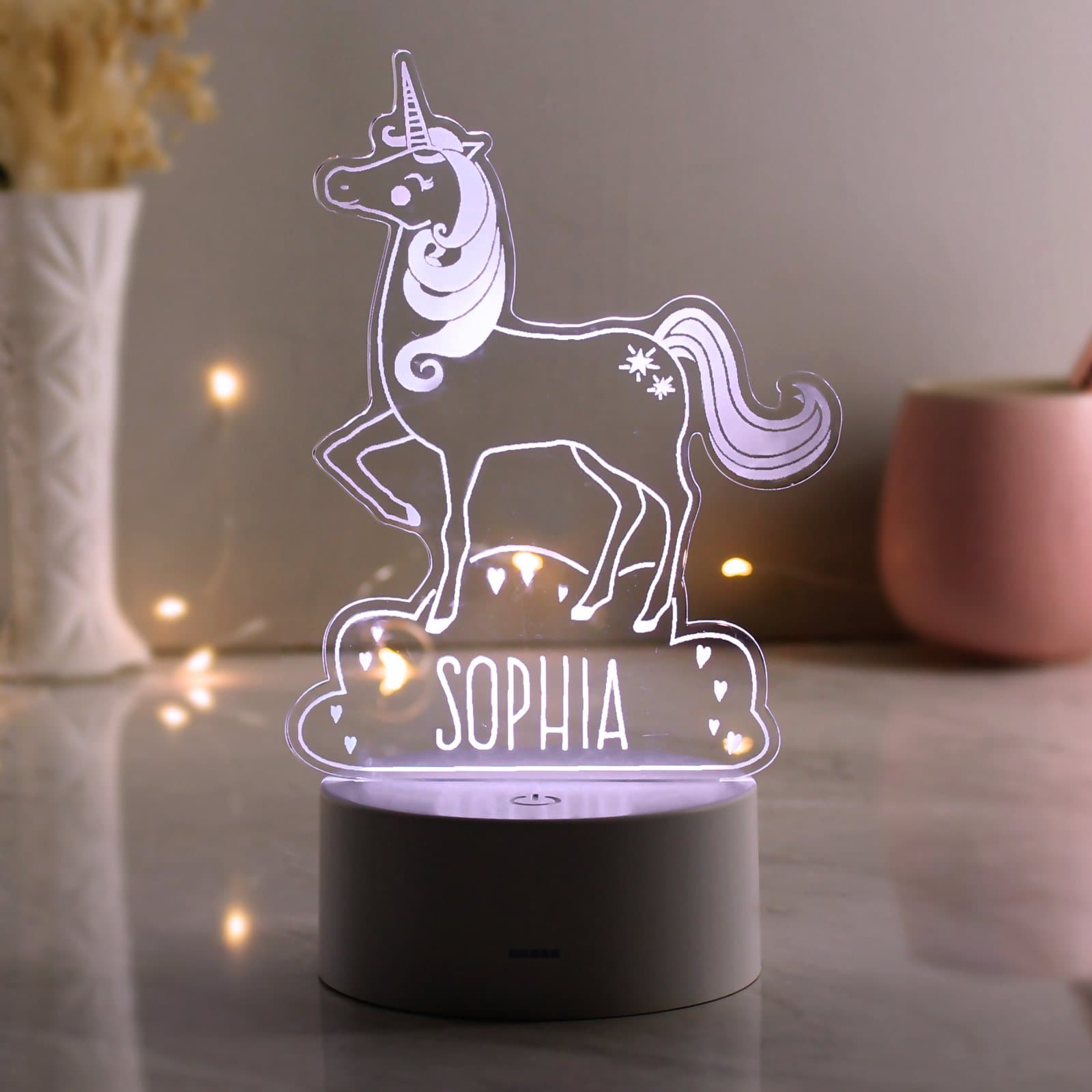 Acrylic unicorn LED night light personalised with a name