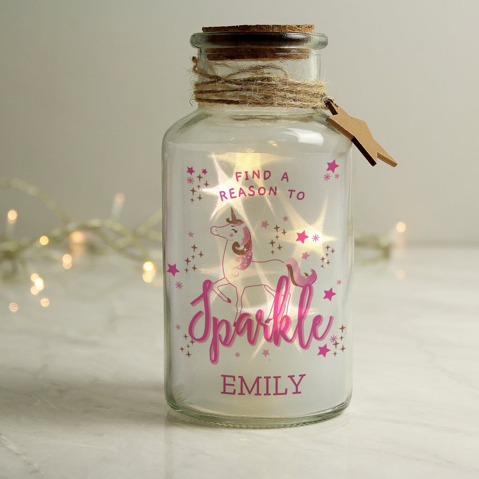 Glass unicorn LED jar with the words Find a reason to sparkle