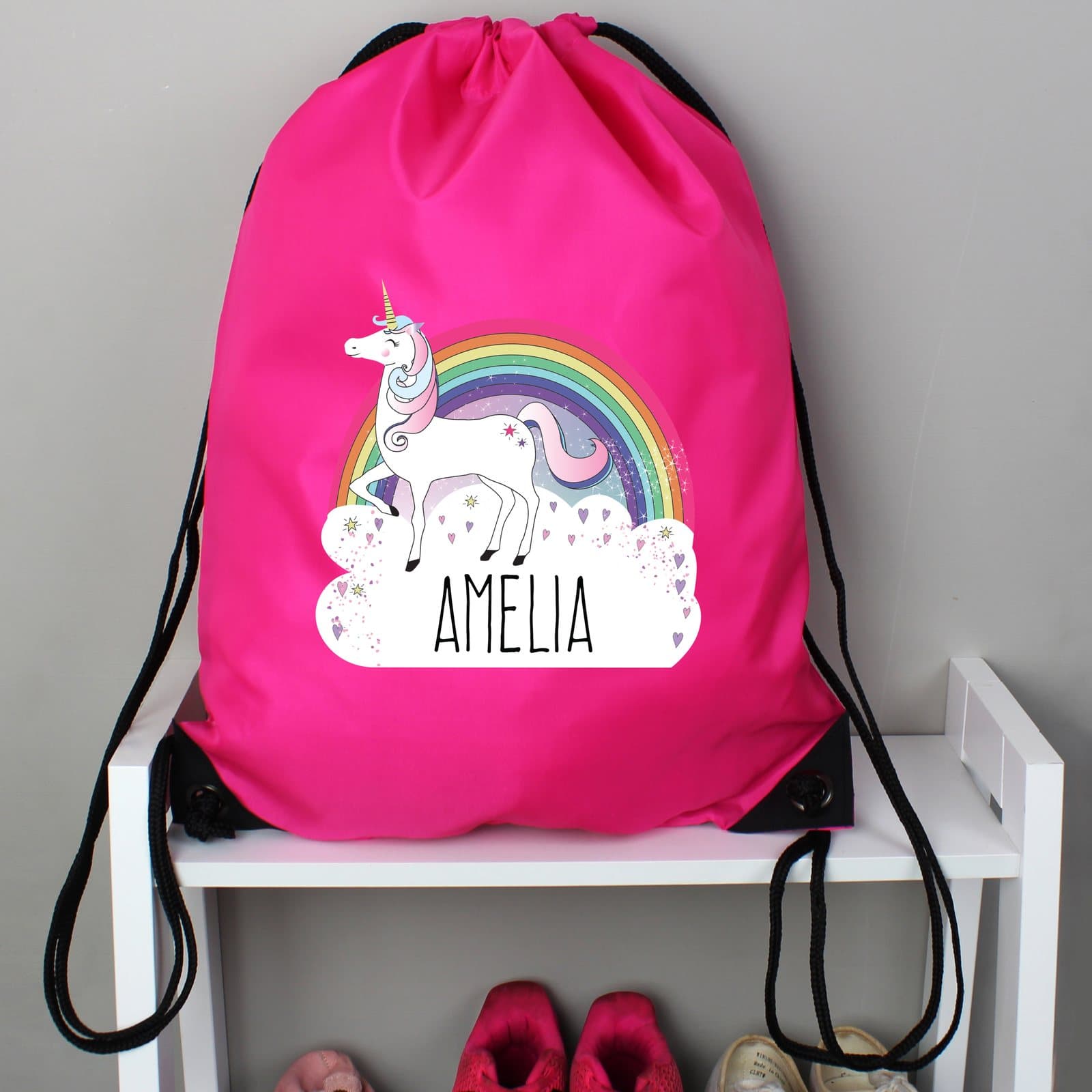 Pink unicorn drawstring kit bag with gunmetal eyelets