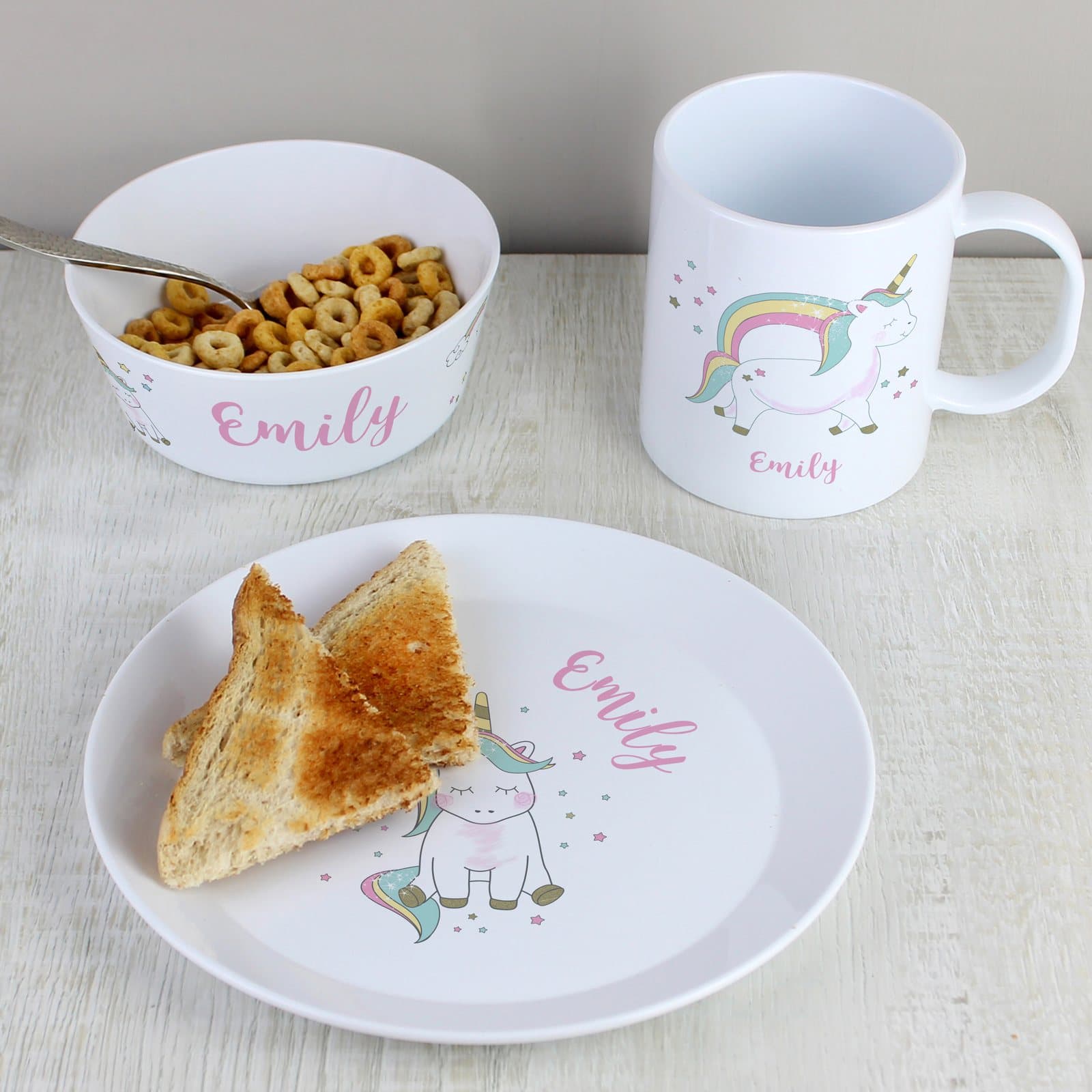 Unicorn plastic breakfast set with plate, bowl and mug