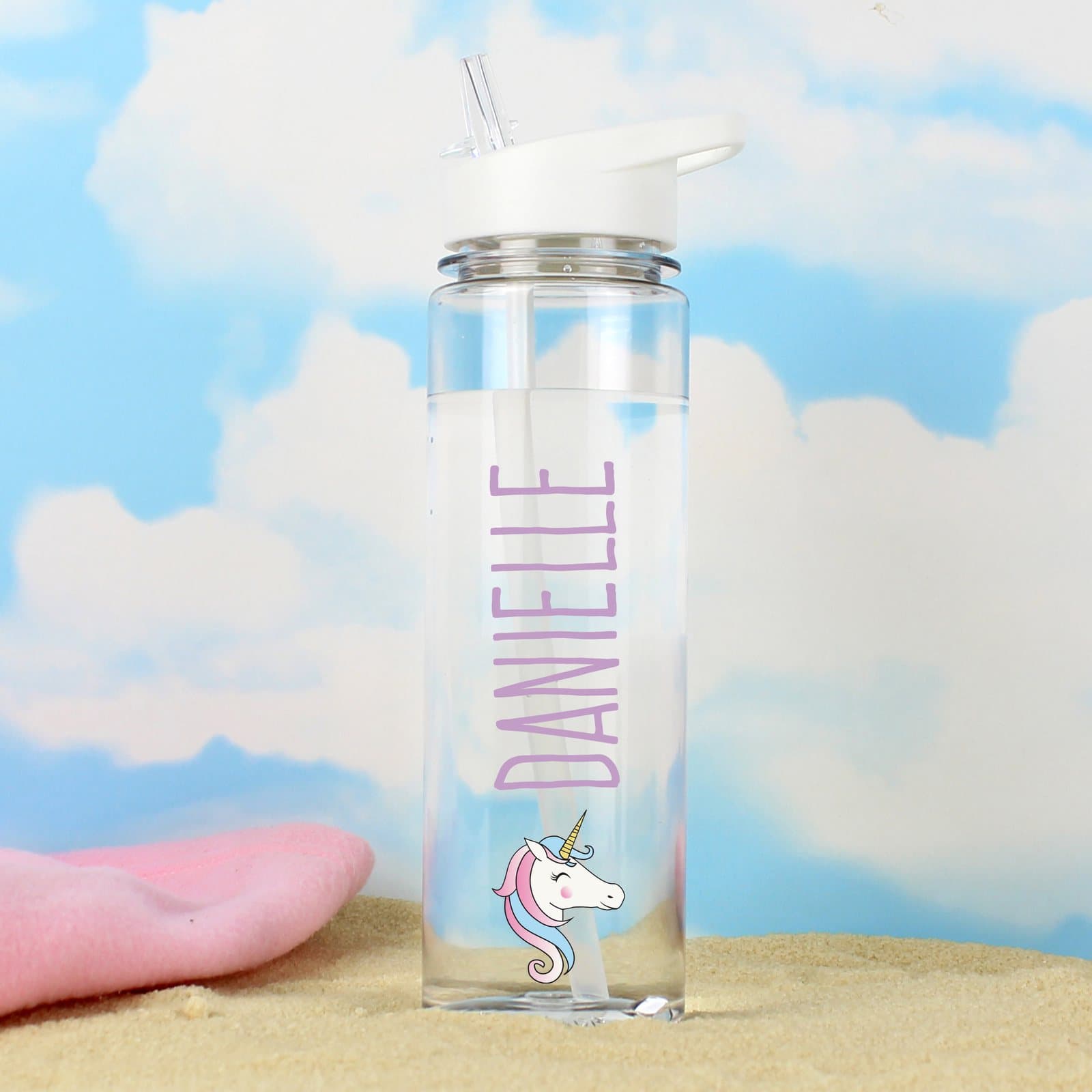 Personalised unicorn water bottle with white lid, flip-top spout and straw