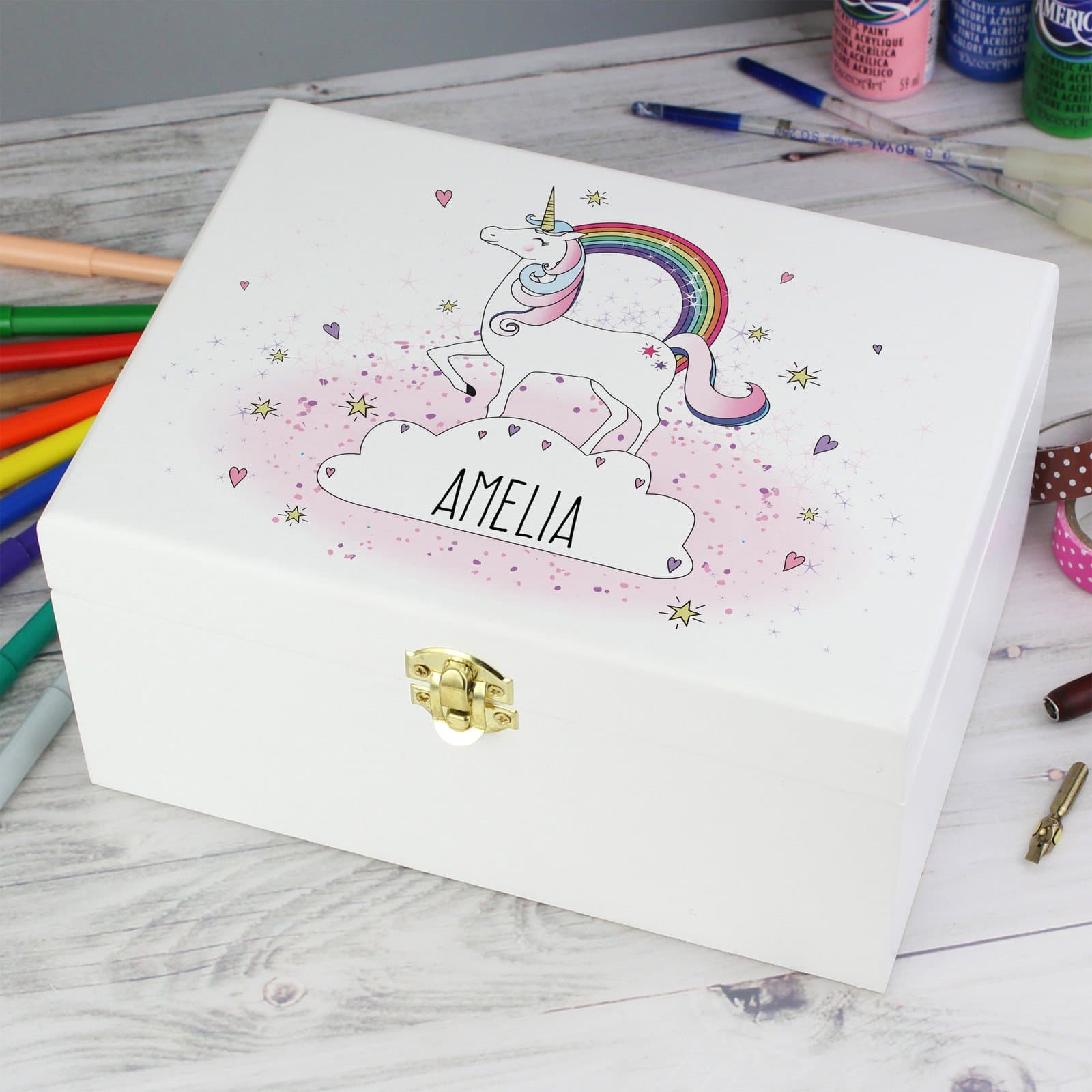 White wooden unicorn keepsake box with metal clasp