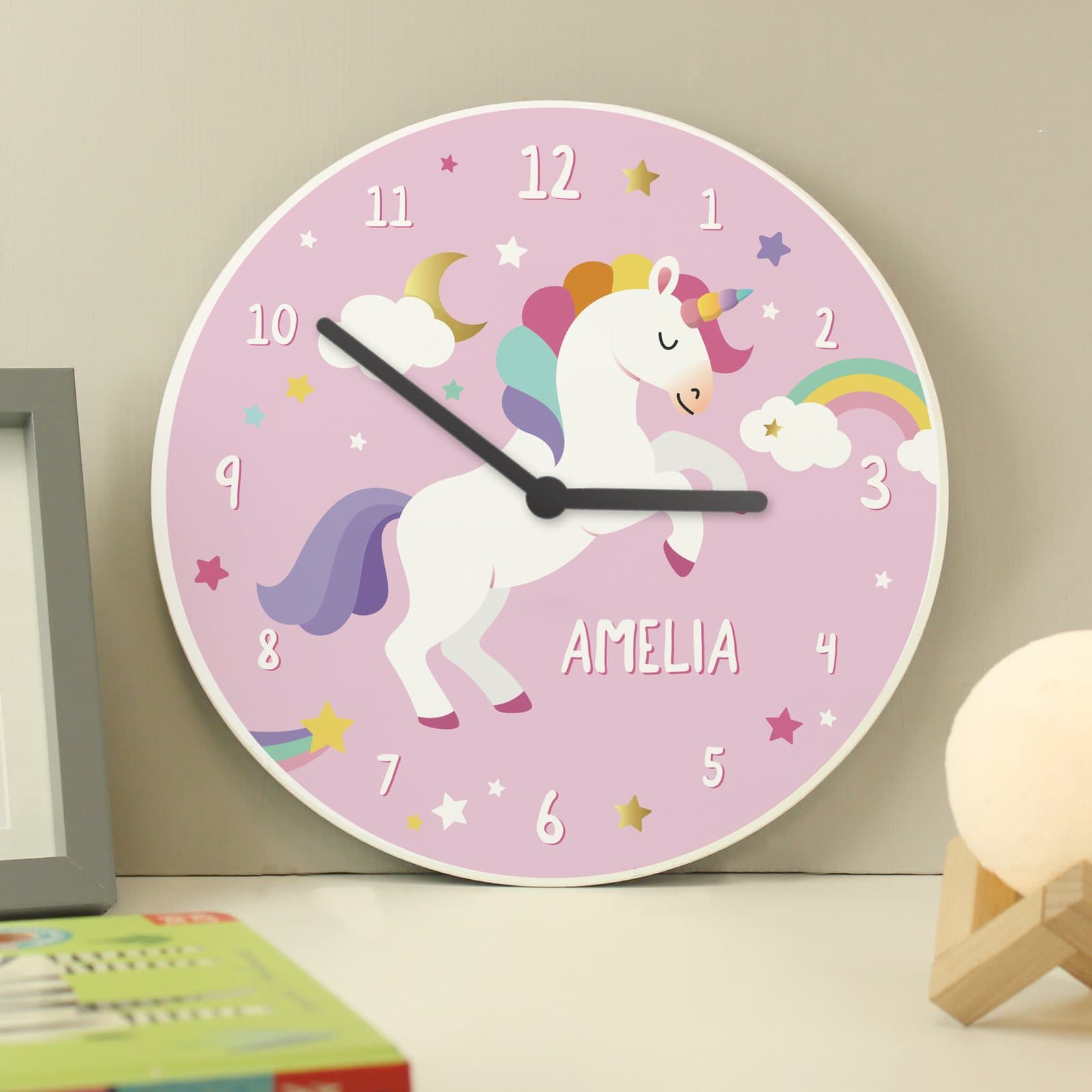 Unicorn wooden children's clock in pastel colours with a personalised name