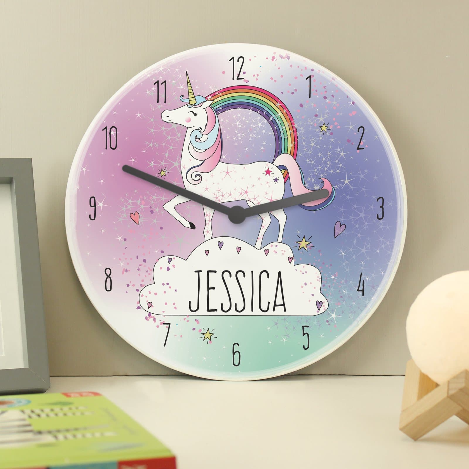 Personalised unicorn wooden clock with a name in block capitals