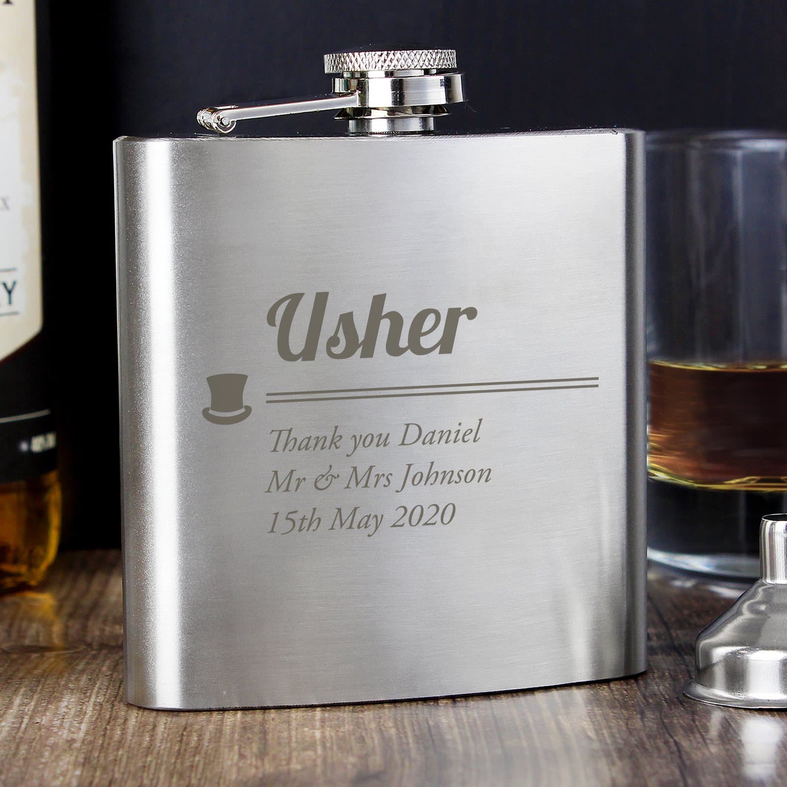 Stainless steel usher hip flask personalised with a three-line message