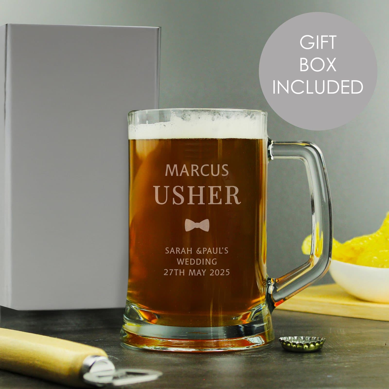 Glass pint stern tankard personalised with a name and a three-line message