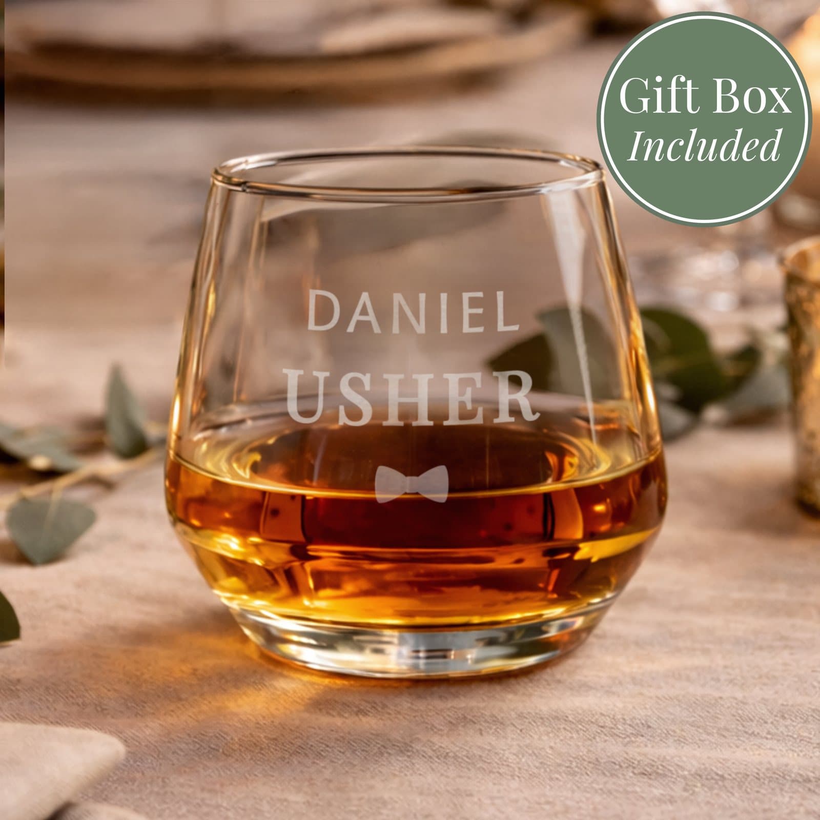Personalised Usher whisky tumbler with a name and the word Usher