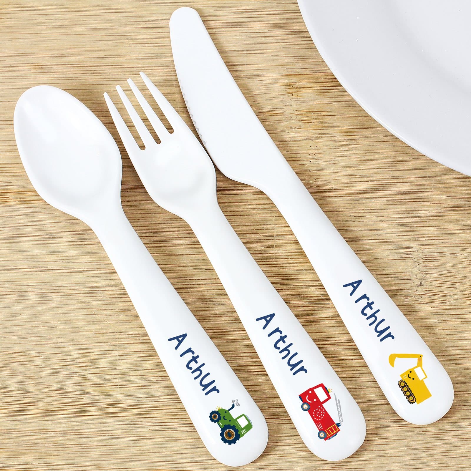 Plastic vehicles cutlery set of spoon, fork and knife with a name
