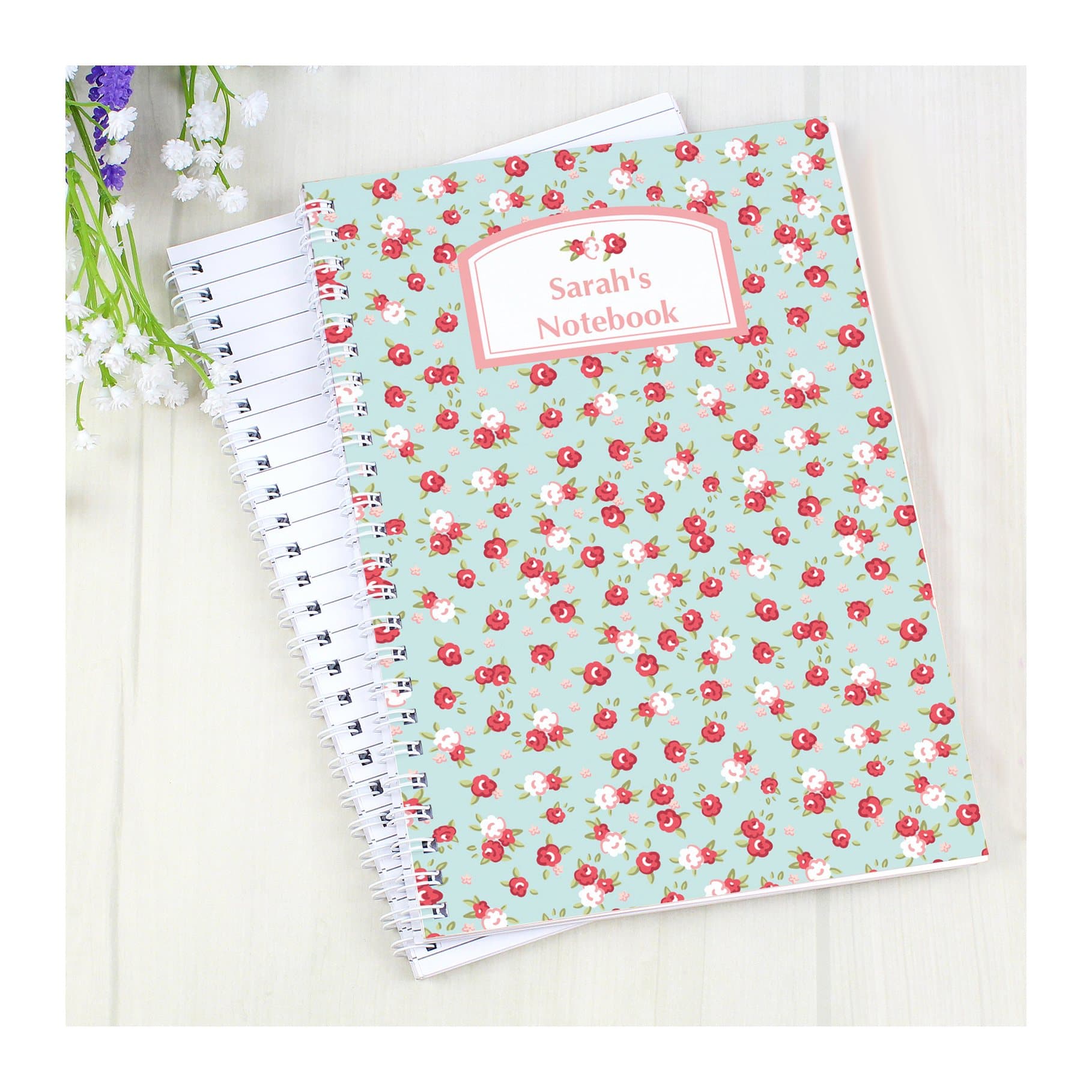 Vintage floral A5 notebook personalised with two lines of text on the front