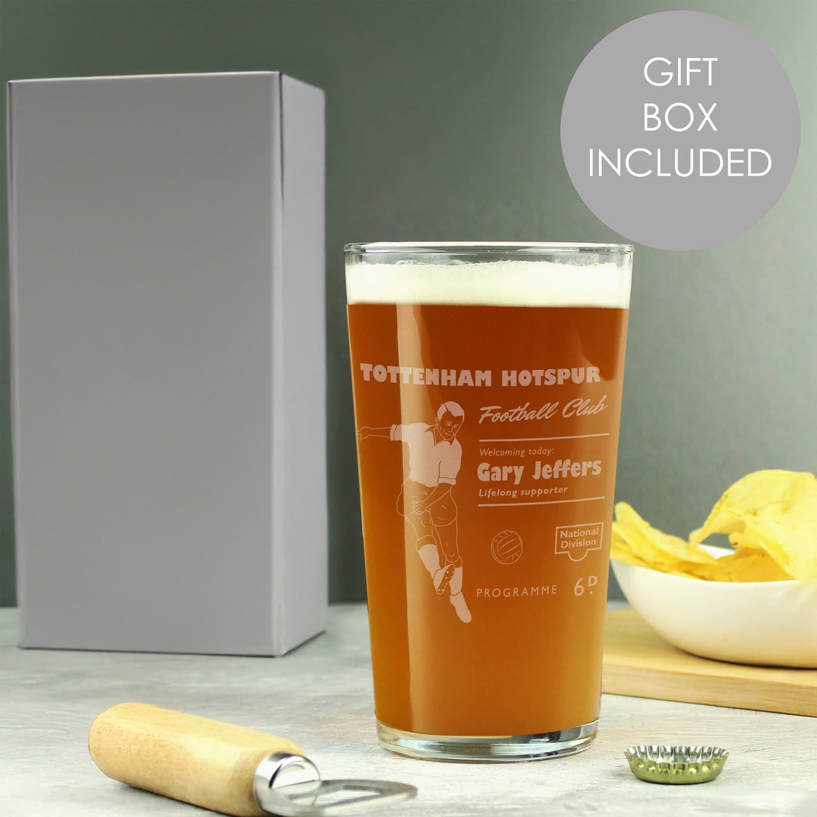 Personalised pint glass in a vintage football match day programme style