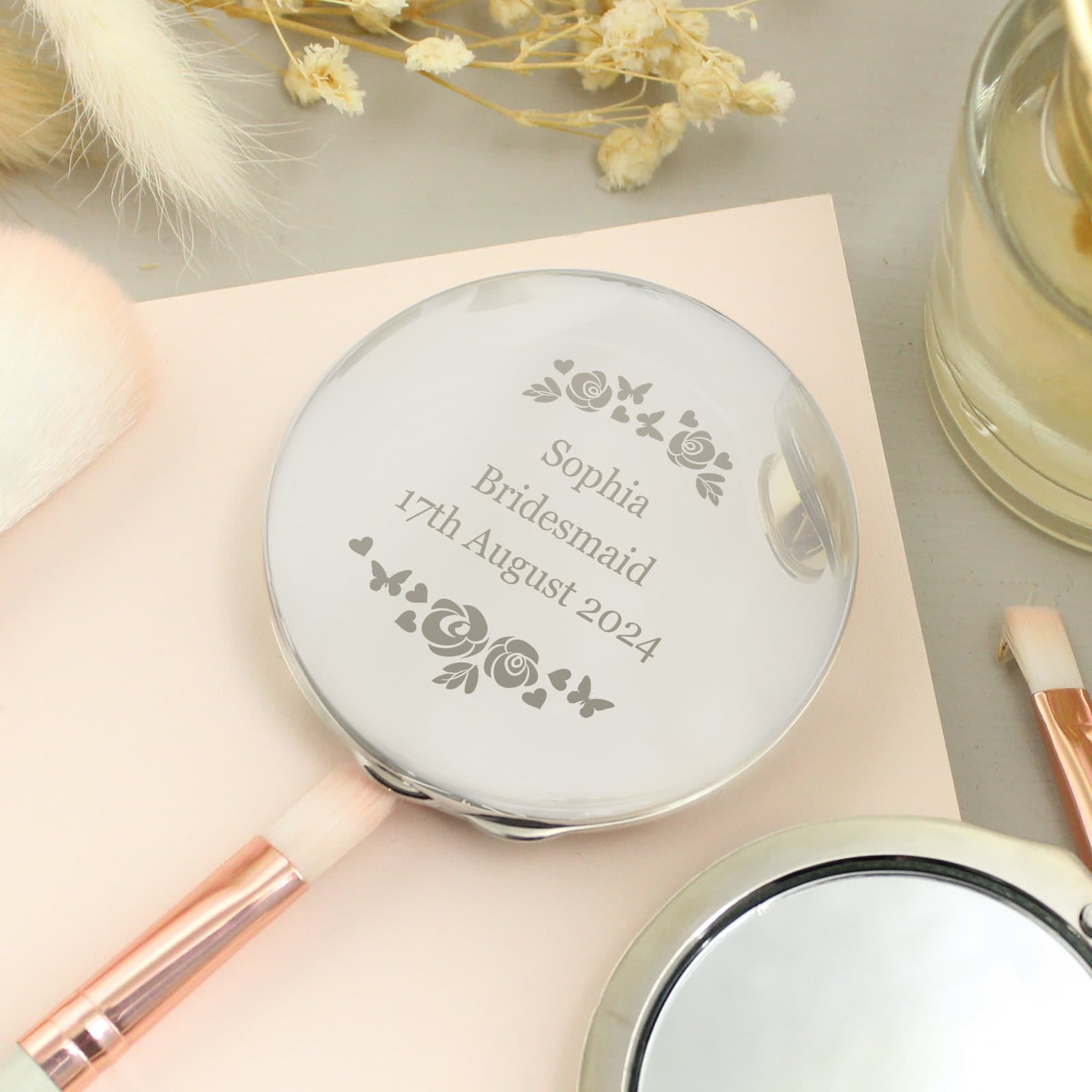 Vintage rose compact mirror, nickel plated