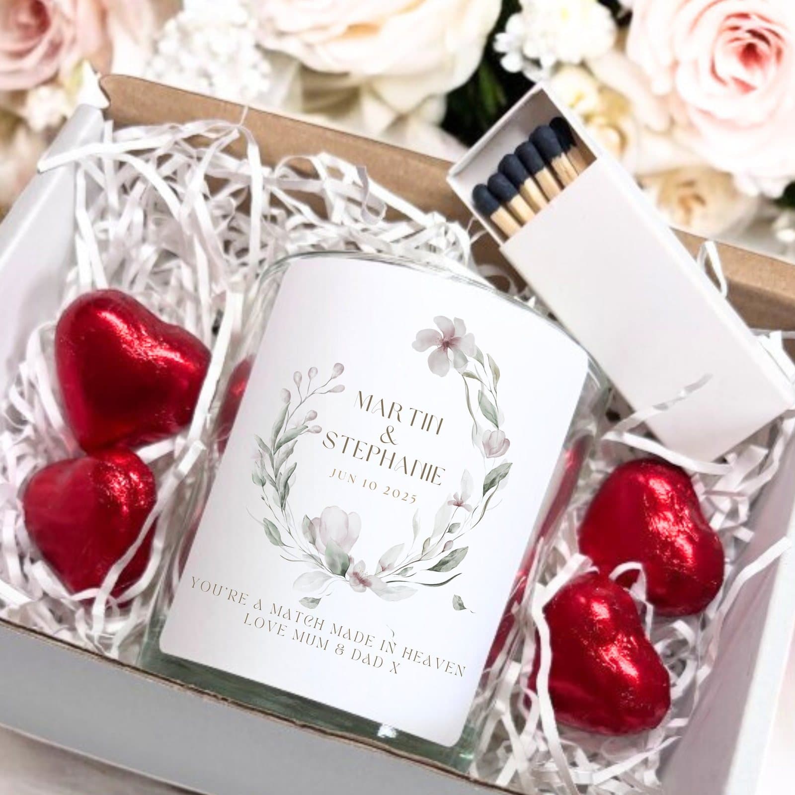Candle gift set with pale green and soft pink watercolour flowers and leaves