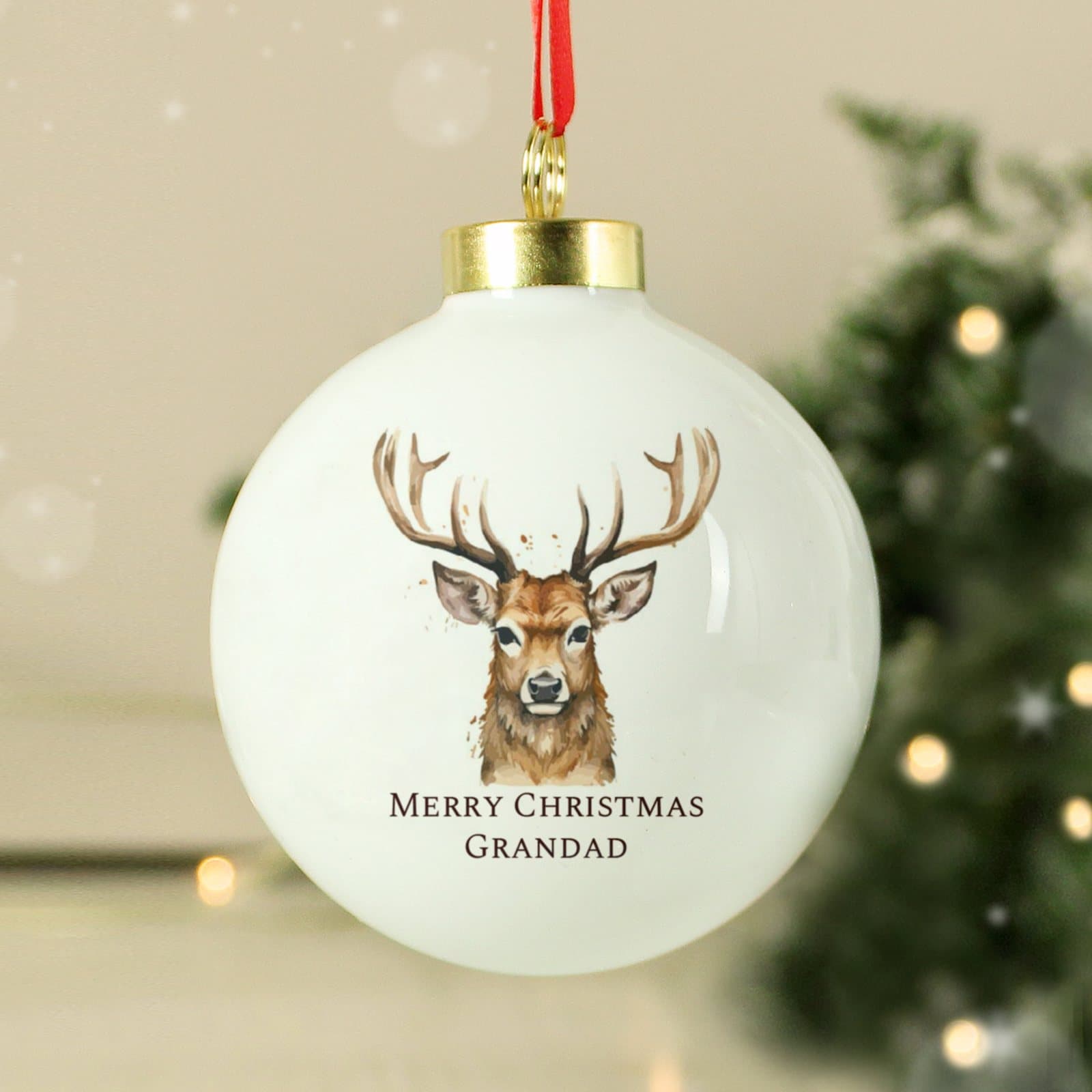 Watercolour stag Christmas bauble with ribbon