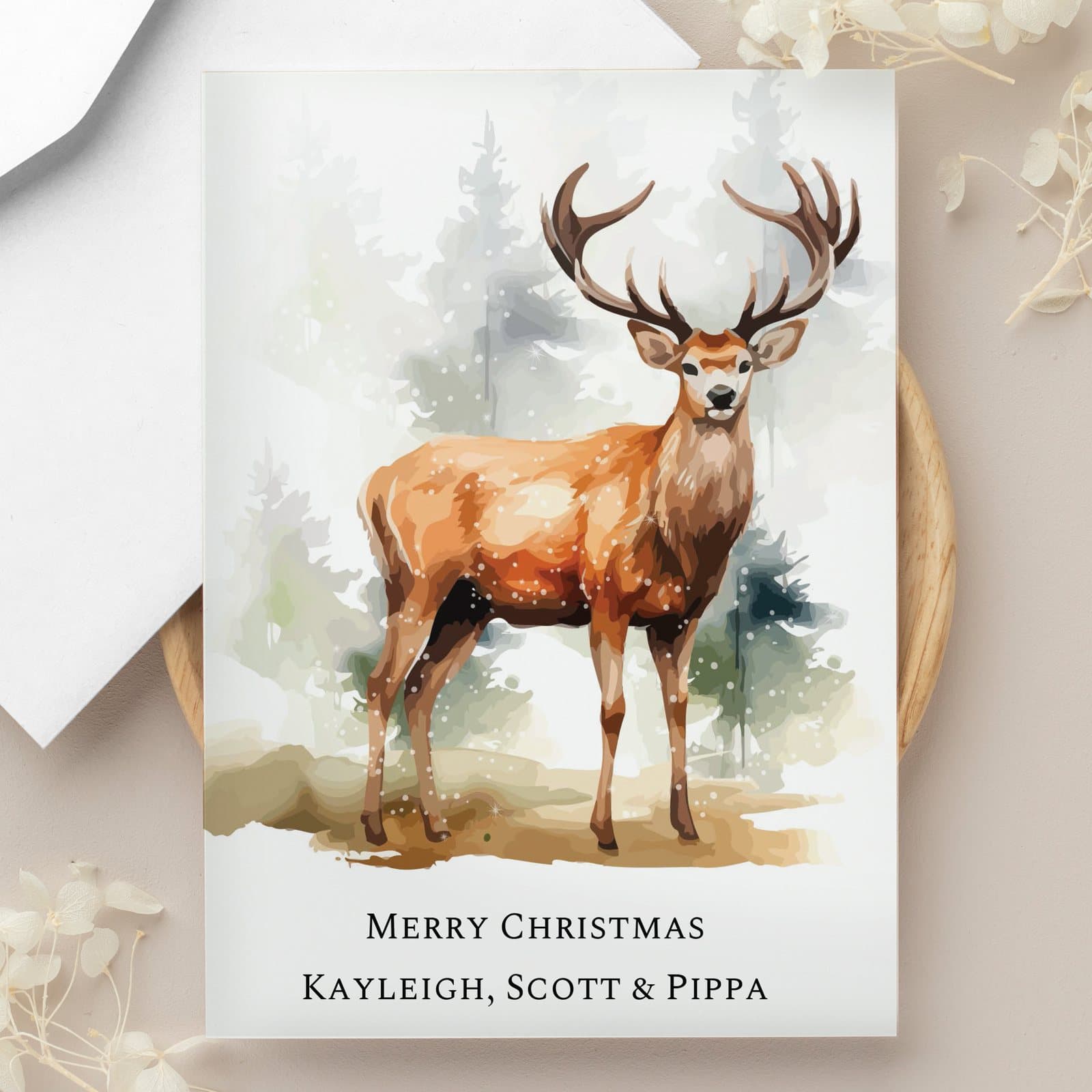 Personalised watercolour stag Christmas greetings card