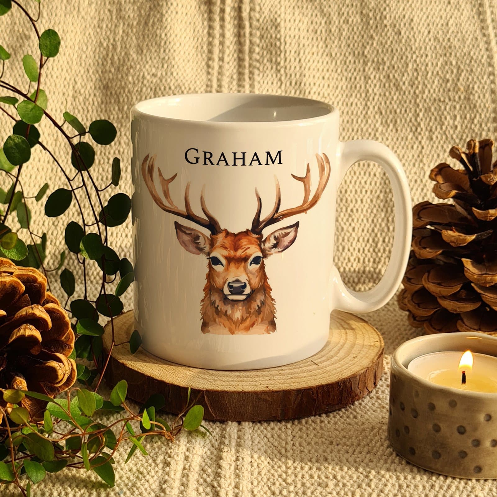 Ceramic mug with a watercolour stag design