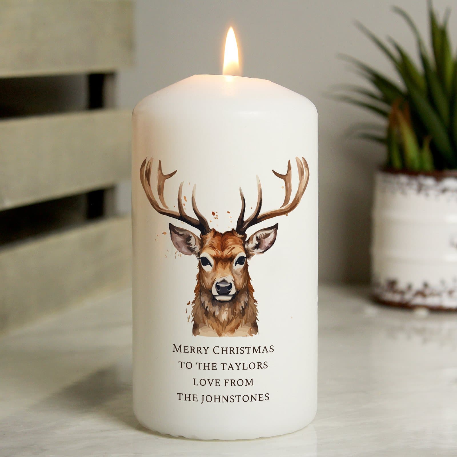 Personalised watercolour stag pillar candle