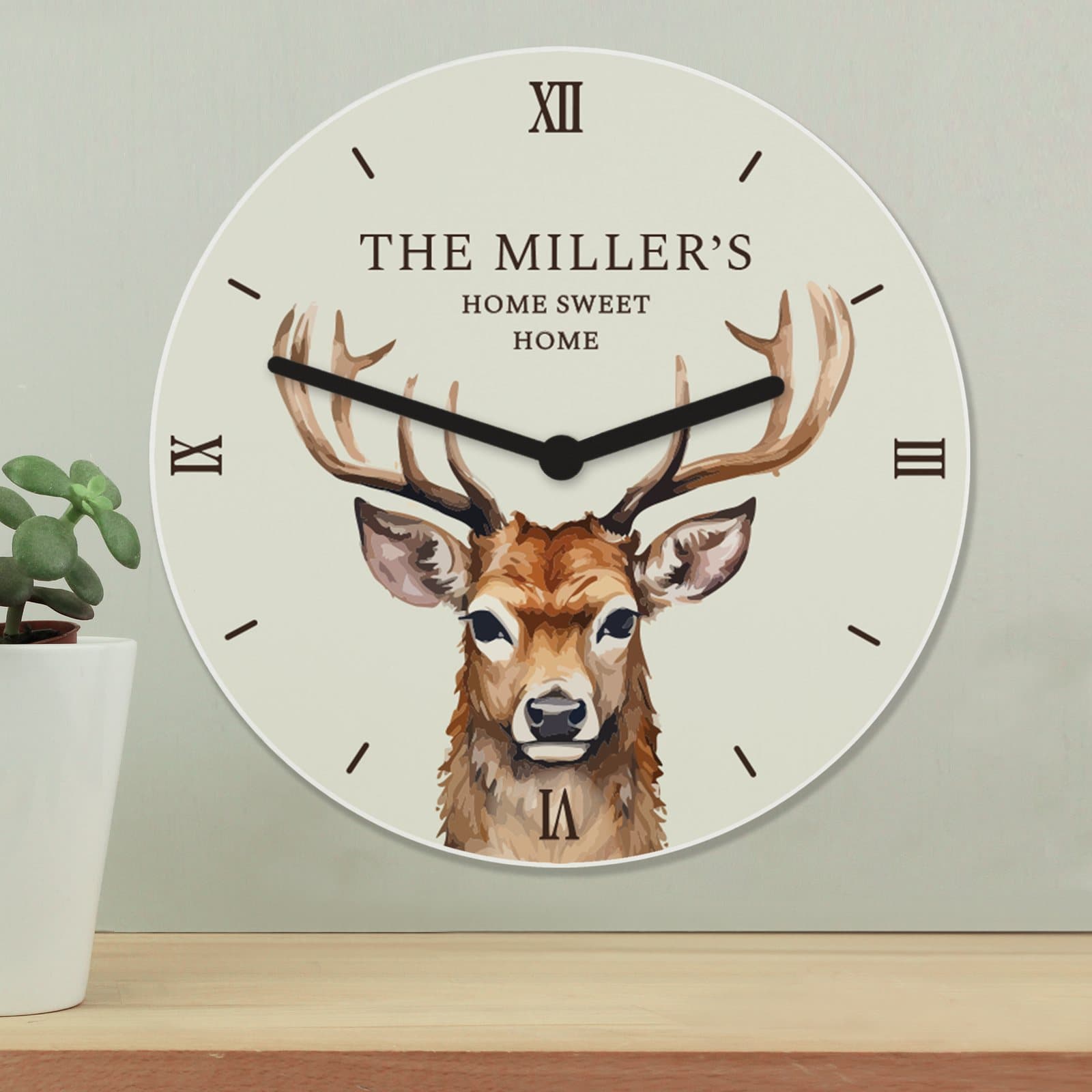 Watercolour stag wooden clock with a rustic wood effect finish
