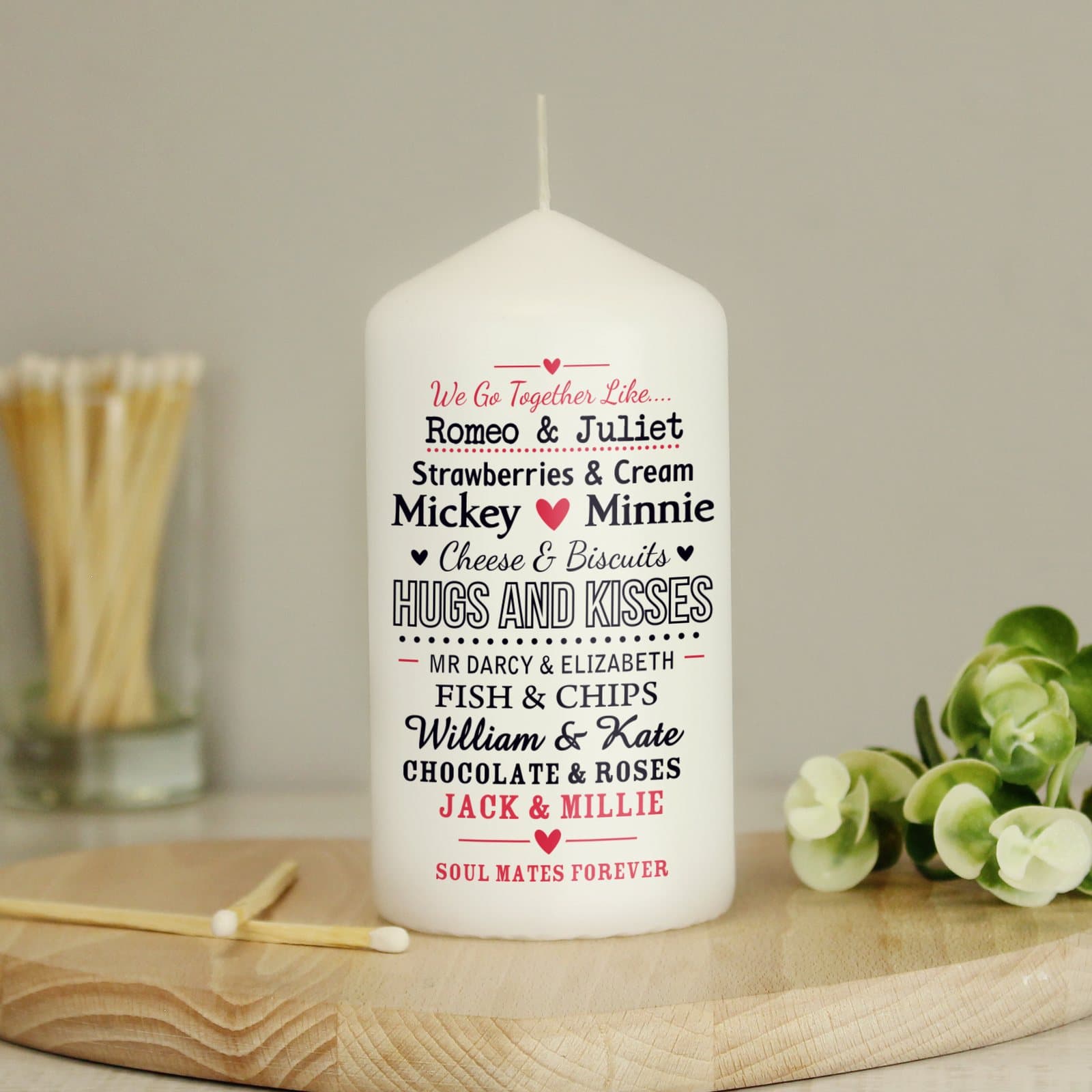 Personalised couples pillar candle with names and message
