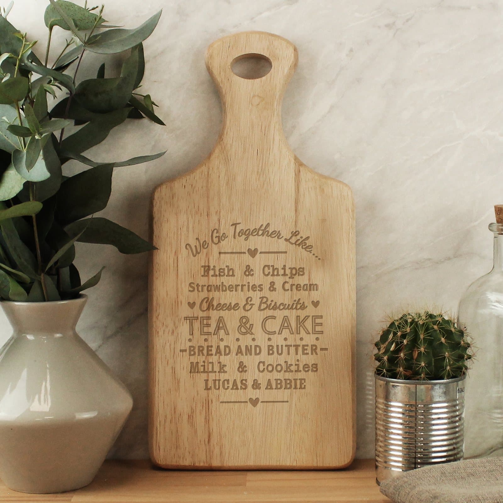 Wooden paddle board with We go together like quote and a personalised line