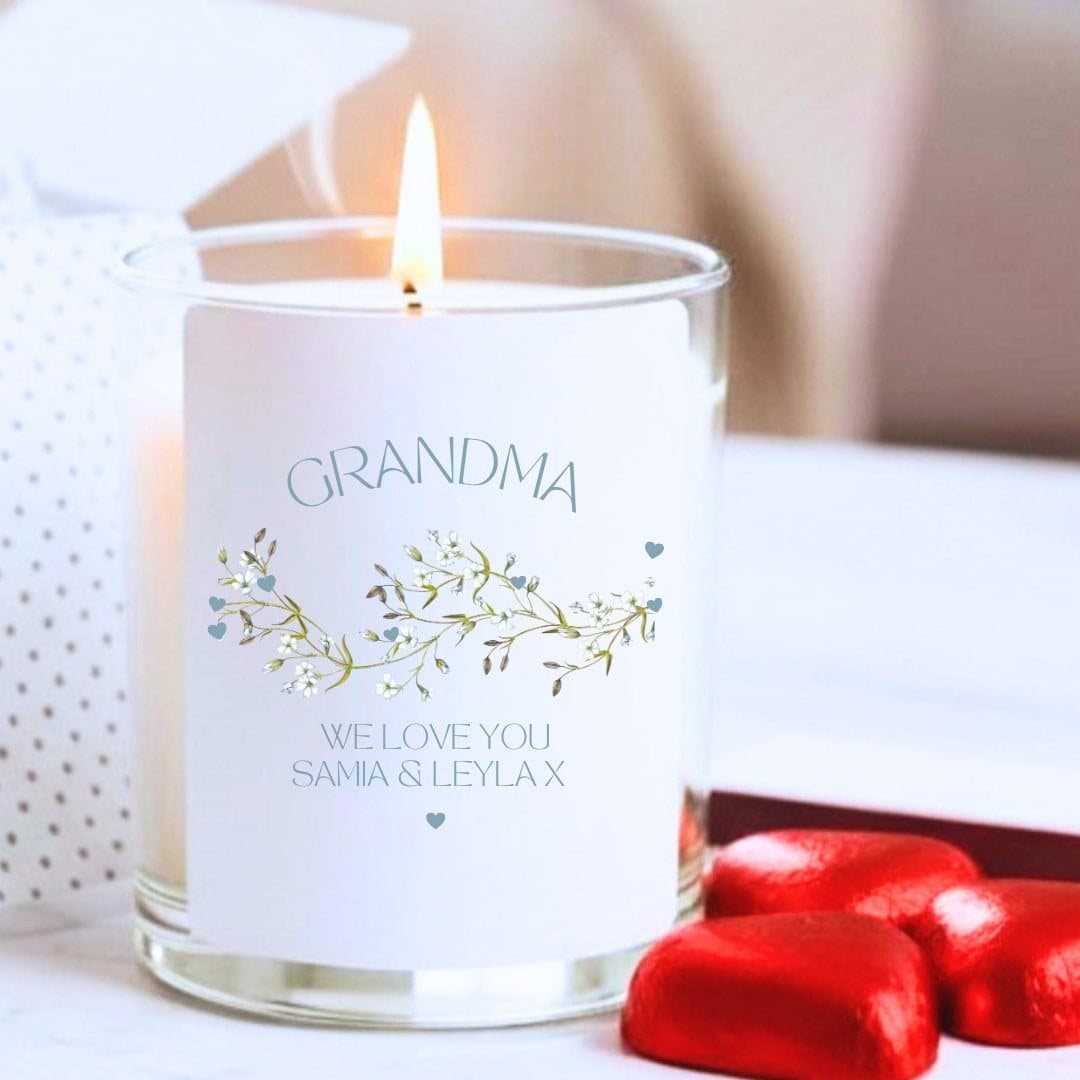 Personalised grandma candle gift set with a candle and milk chocolate hearts