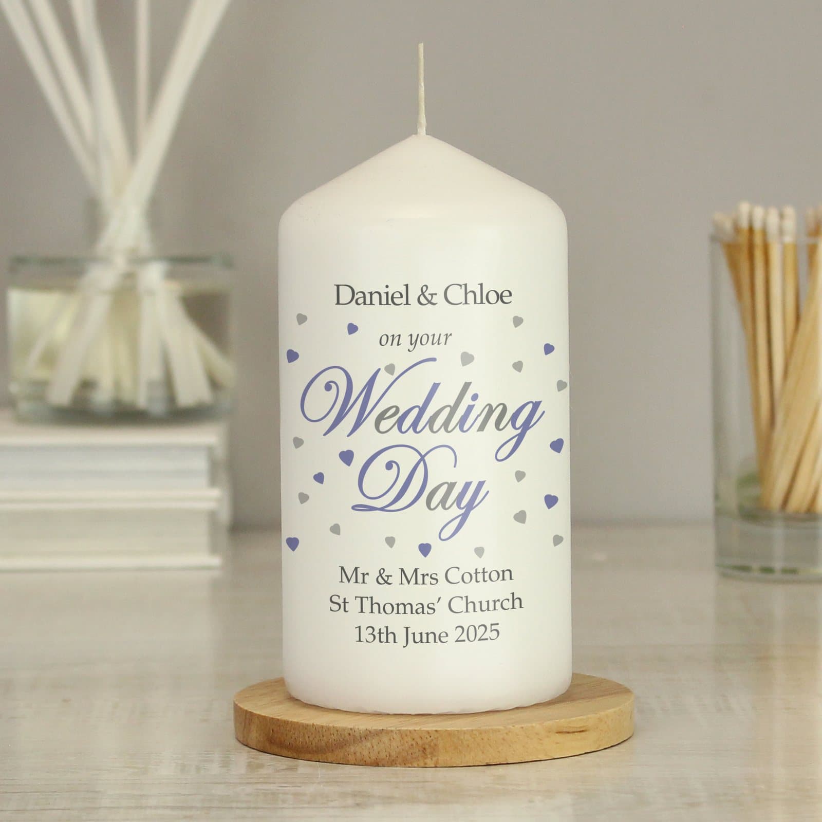 Personalised wedding day pillar candle