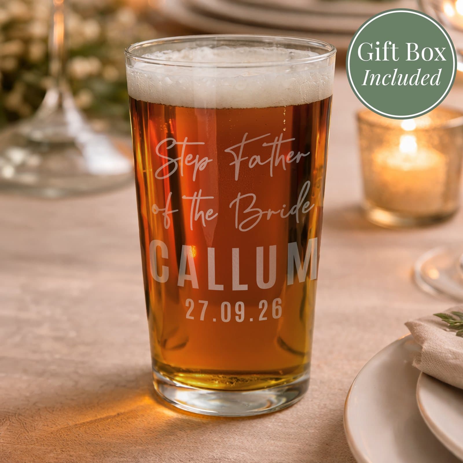 Personalised wedding pint glass with four lines of text
