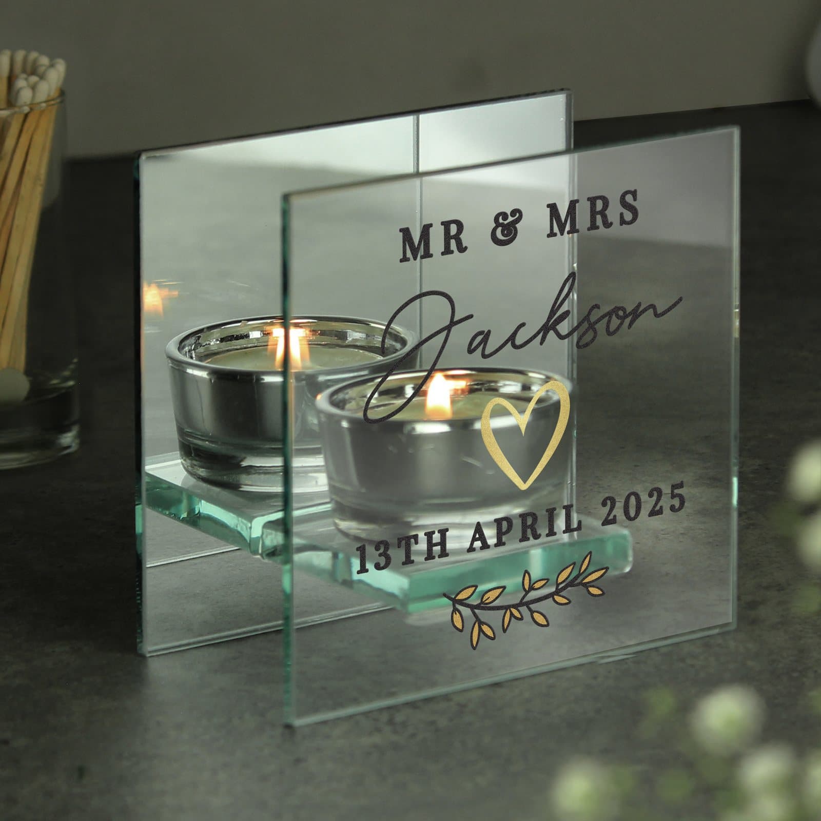 Mirrored glass tealight holder with three lines of wedding text