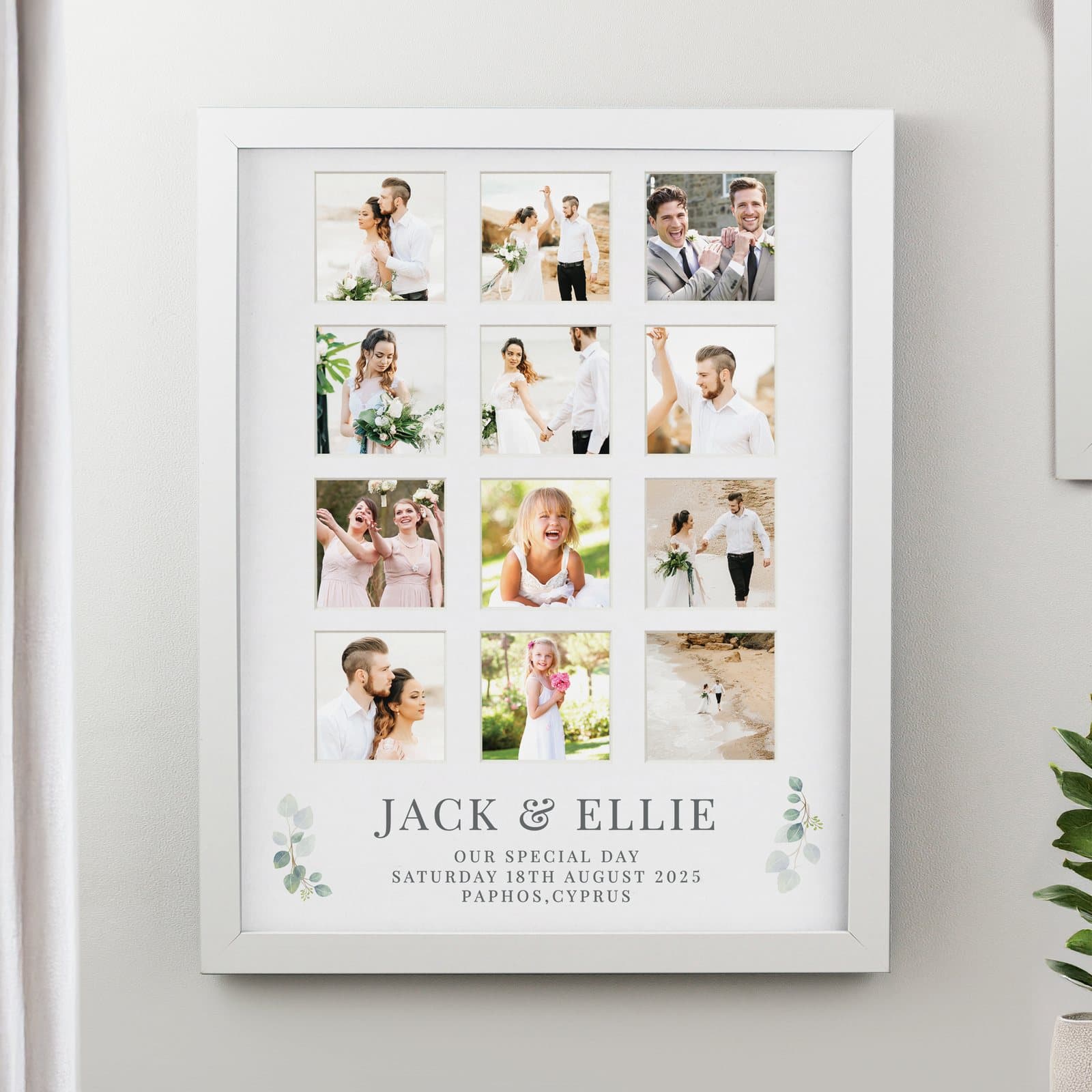 White or black multi photo frame with botanical accents and space for 12 photos